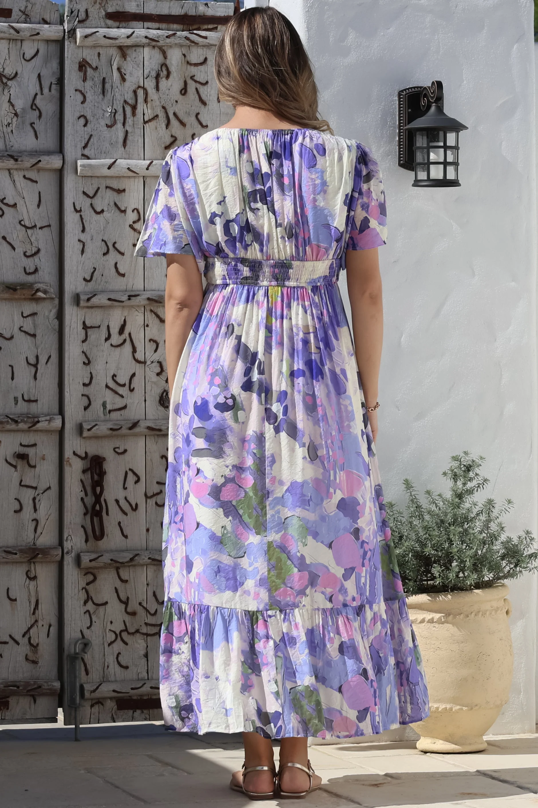 Glades Maxi Dress - V Neck Shirred Waist A Line Dress in Kamara Print Lilac - Image 16