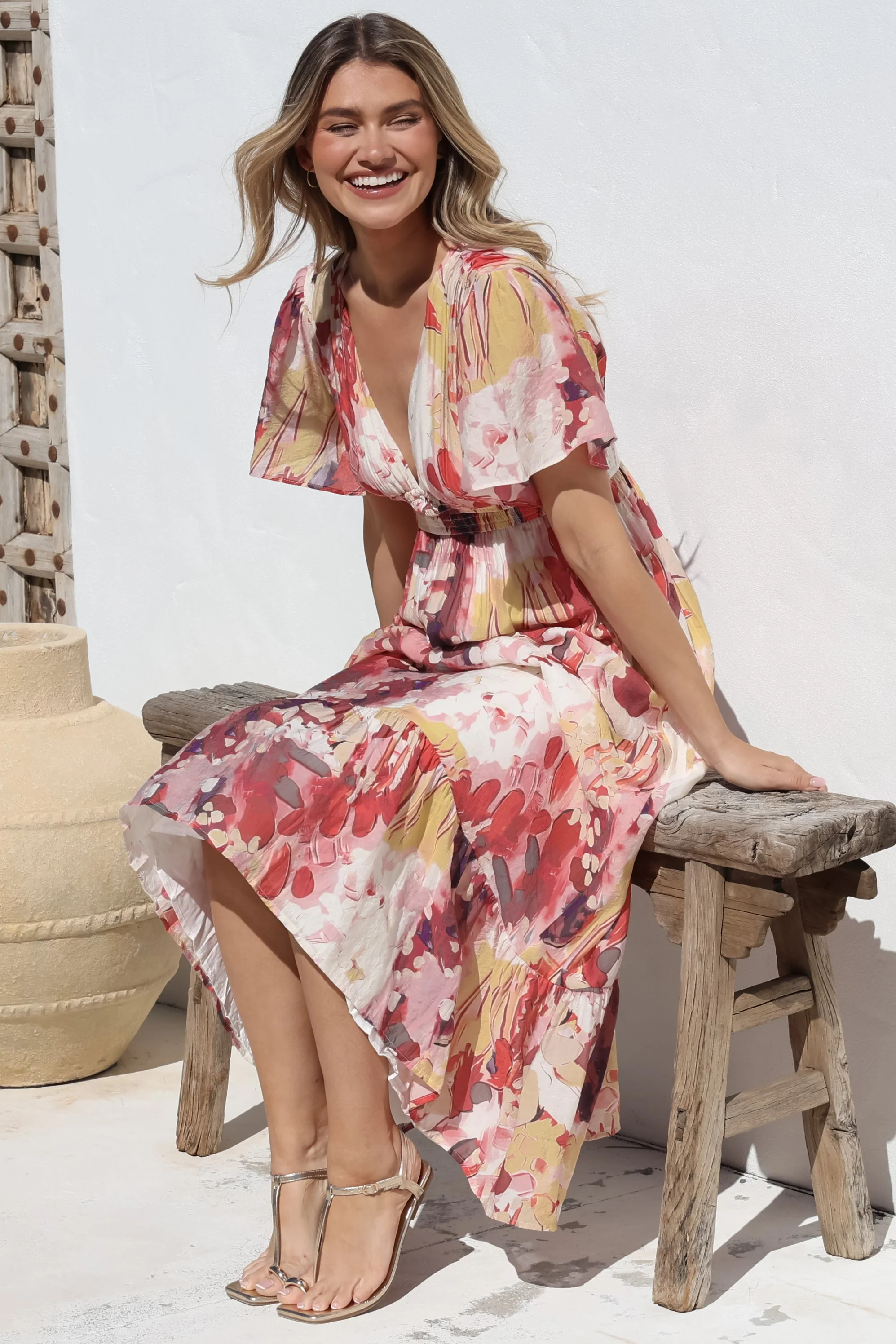 Glades Maxi Dress - V Neck Shirred Waist A Line Dress in Kamara Print Red - Image 11