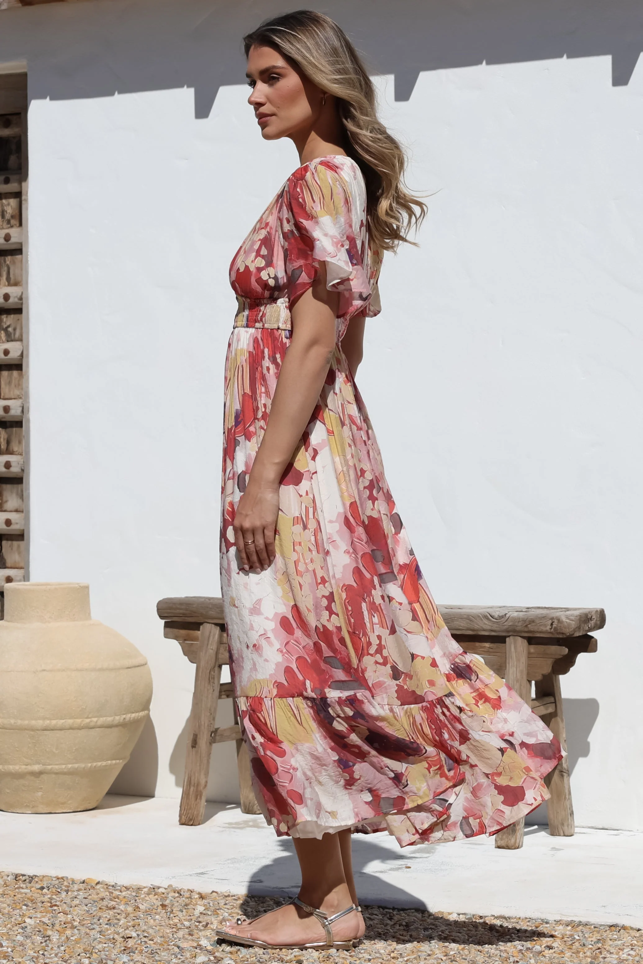 Glades Maxi Dress - V Neck Shirred Waist A Line Dress in Kamara Print Red - Image 13