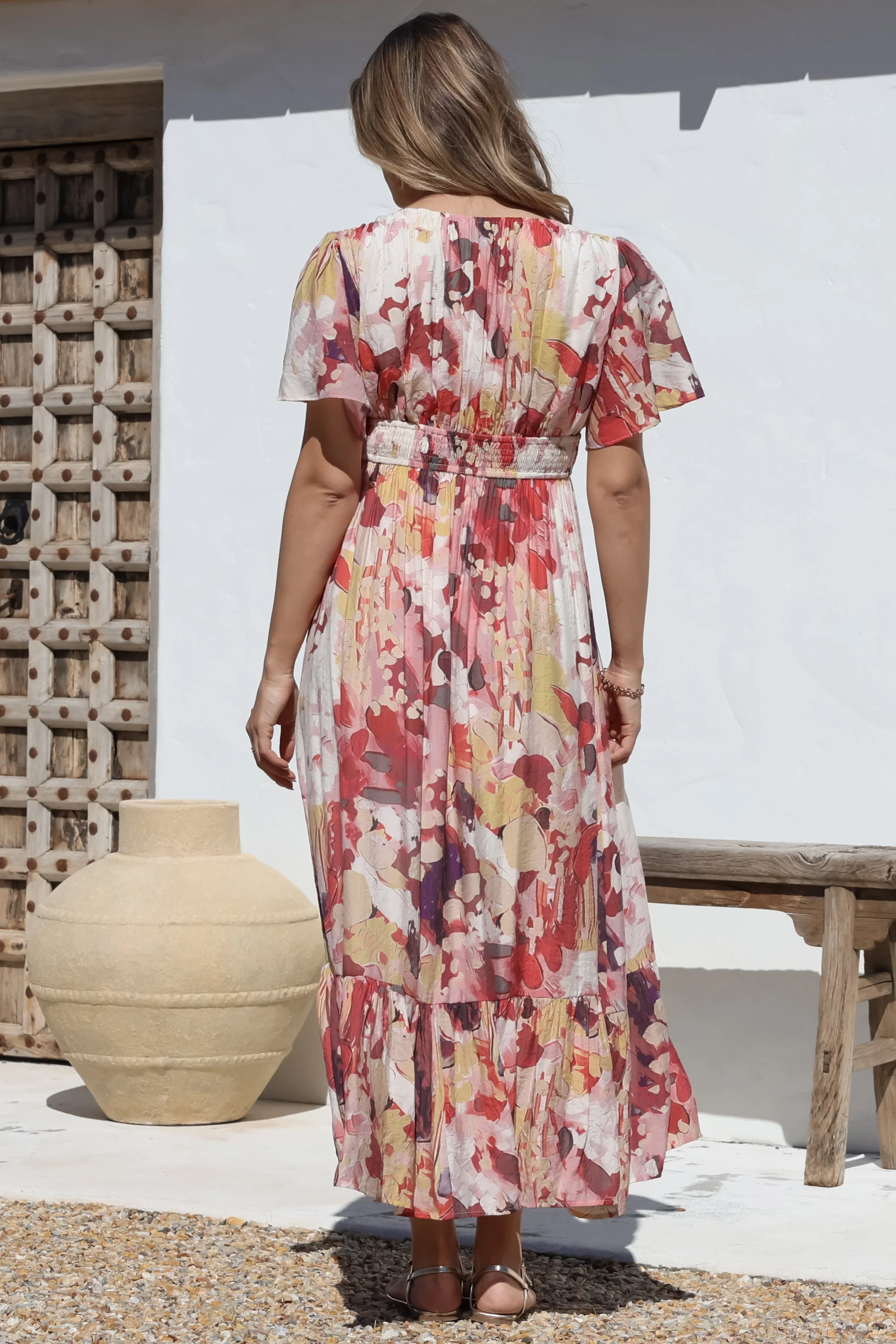 Glades Maxi Dress - V Neck Shirred Waist A Line Dress in Kamara Print Red - Image 14