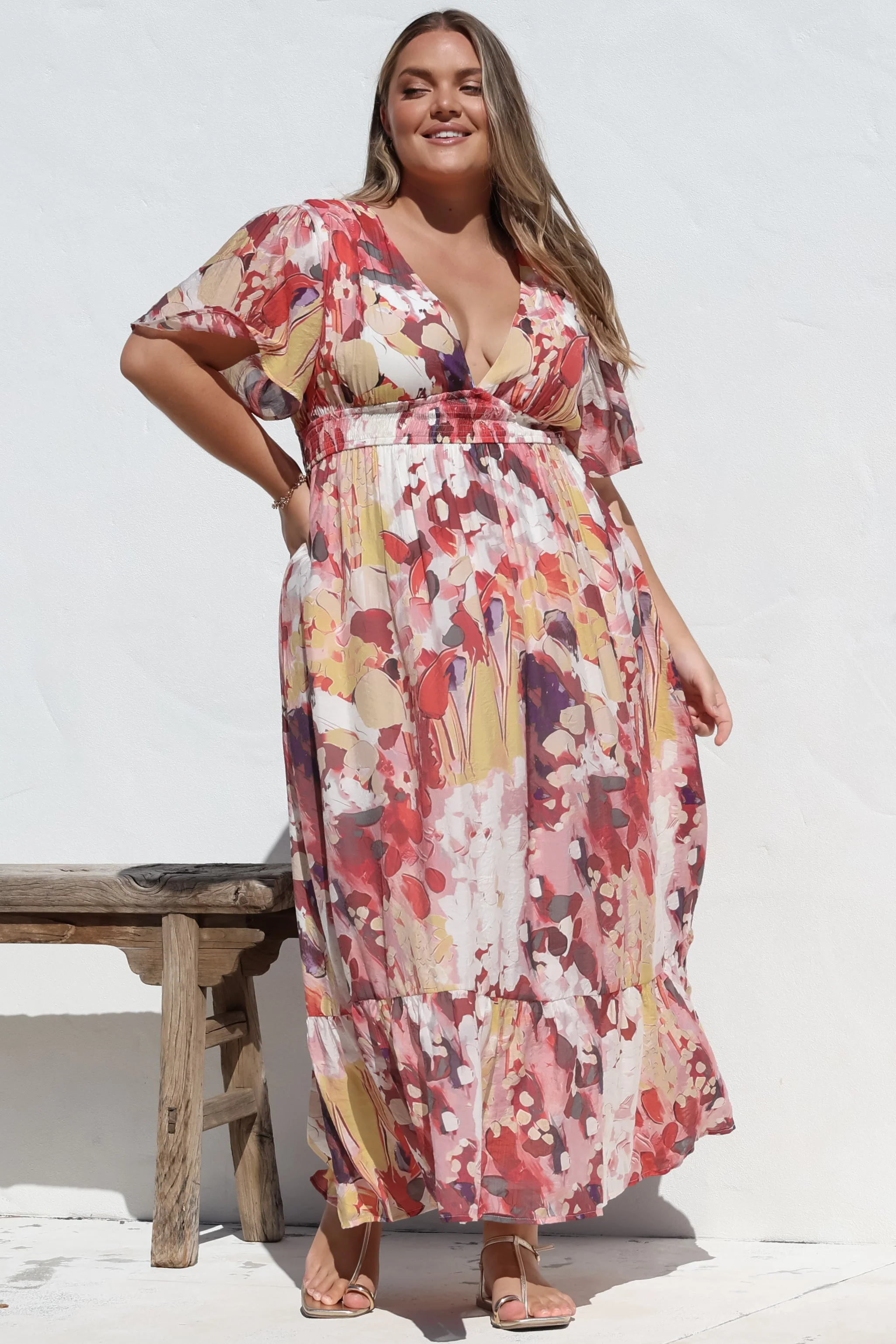 Glades Maxi Dress - V Neck Shirred Waist A Line Dress in Kamara Print Red - Image 5