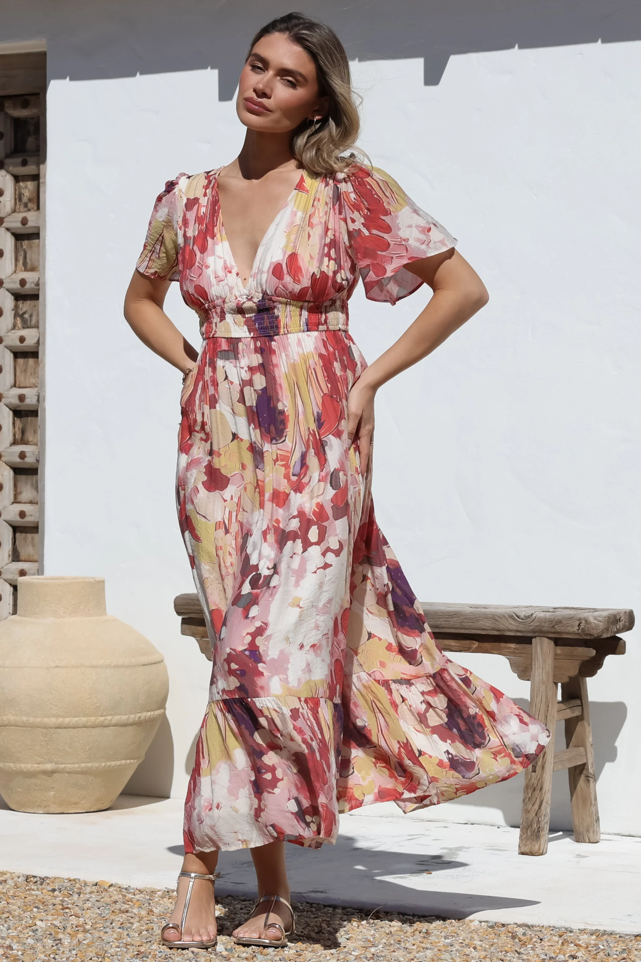 Glades Maxi Dress - V Neck Shirred Waist A Line Dress in Kamara Print Red - Image 9