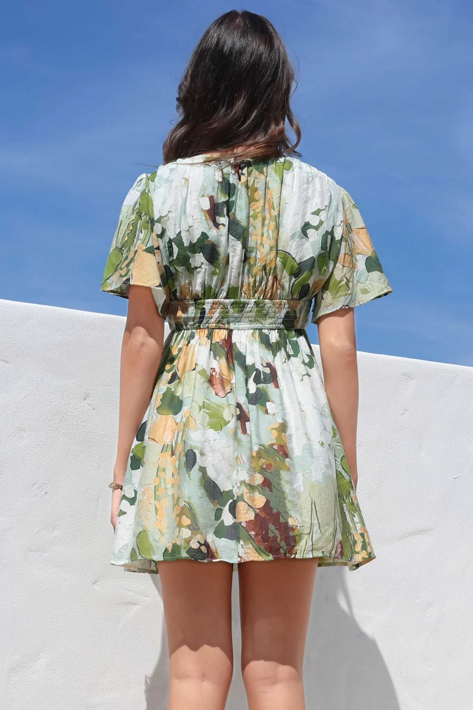 Glades Mini Dress - V Neck Shirred Waist A Line Dress in Kamara Print Green - Image 12