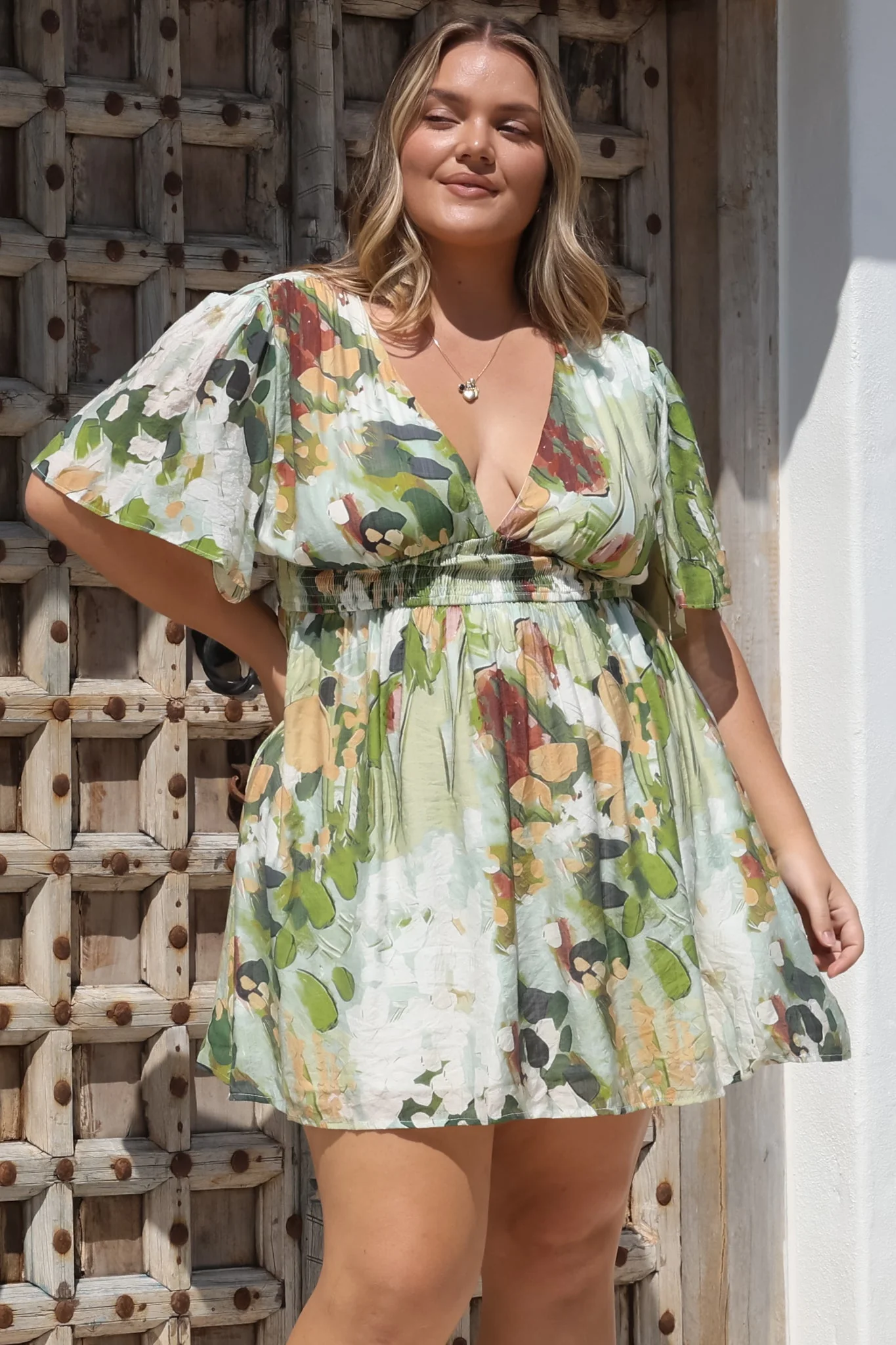 Glades Mini Dress - V Neck Shirred Waist A Line Dress in Kamara Print Green - Image 2