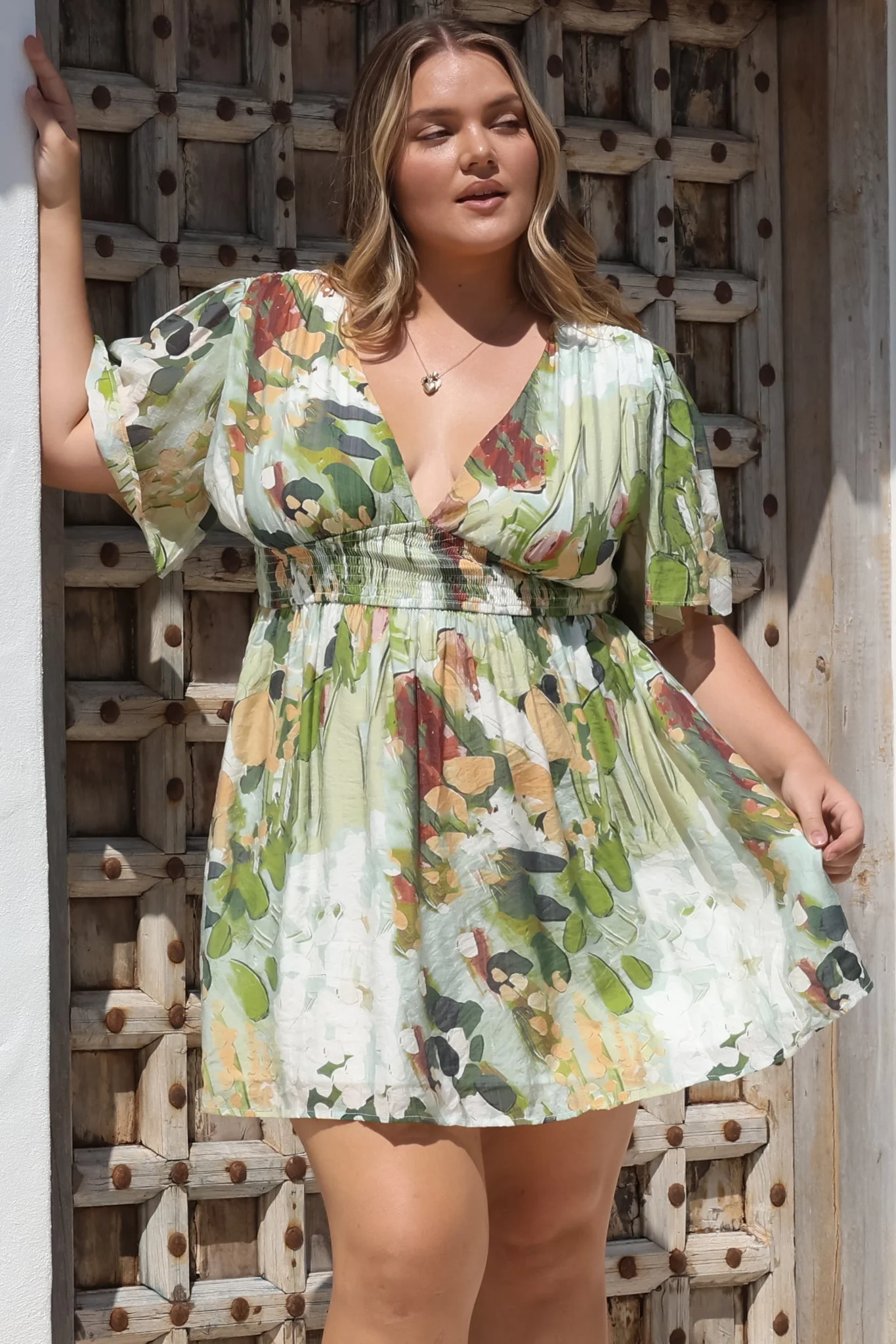 Glades Mini Dress - V Neck Shirred Waist A Line Dress in Kamara Print Green - Image 4