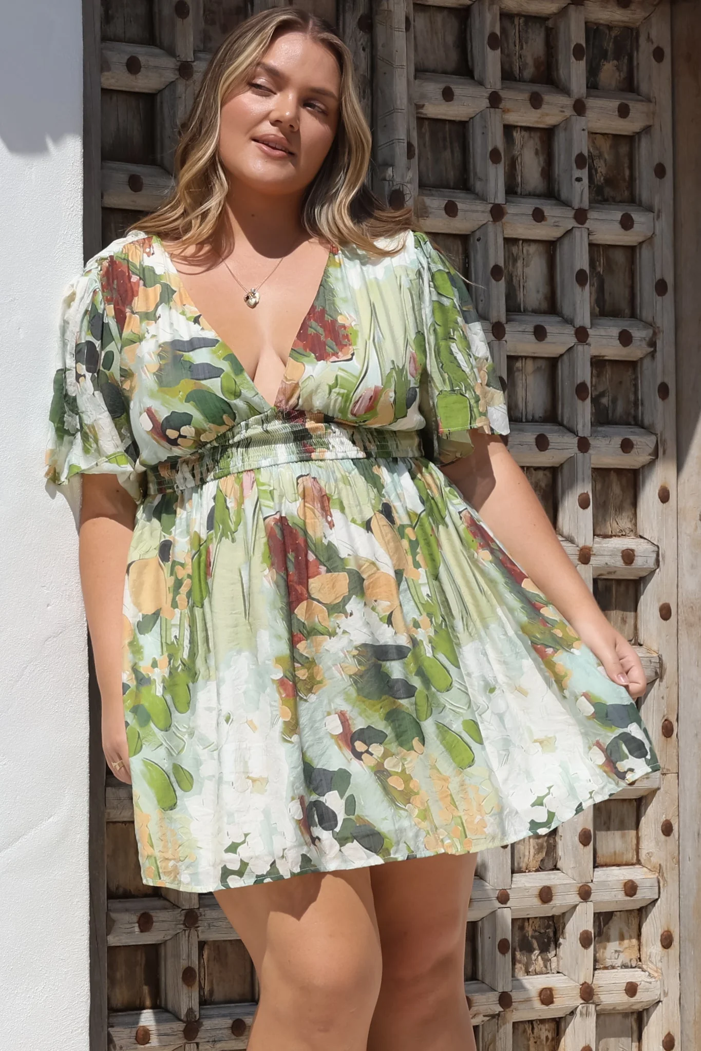 Glades Mini Dress - V Neck Shirred Waist A Line Dress in Kamara Print Green - Image 8