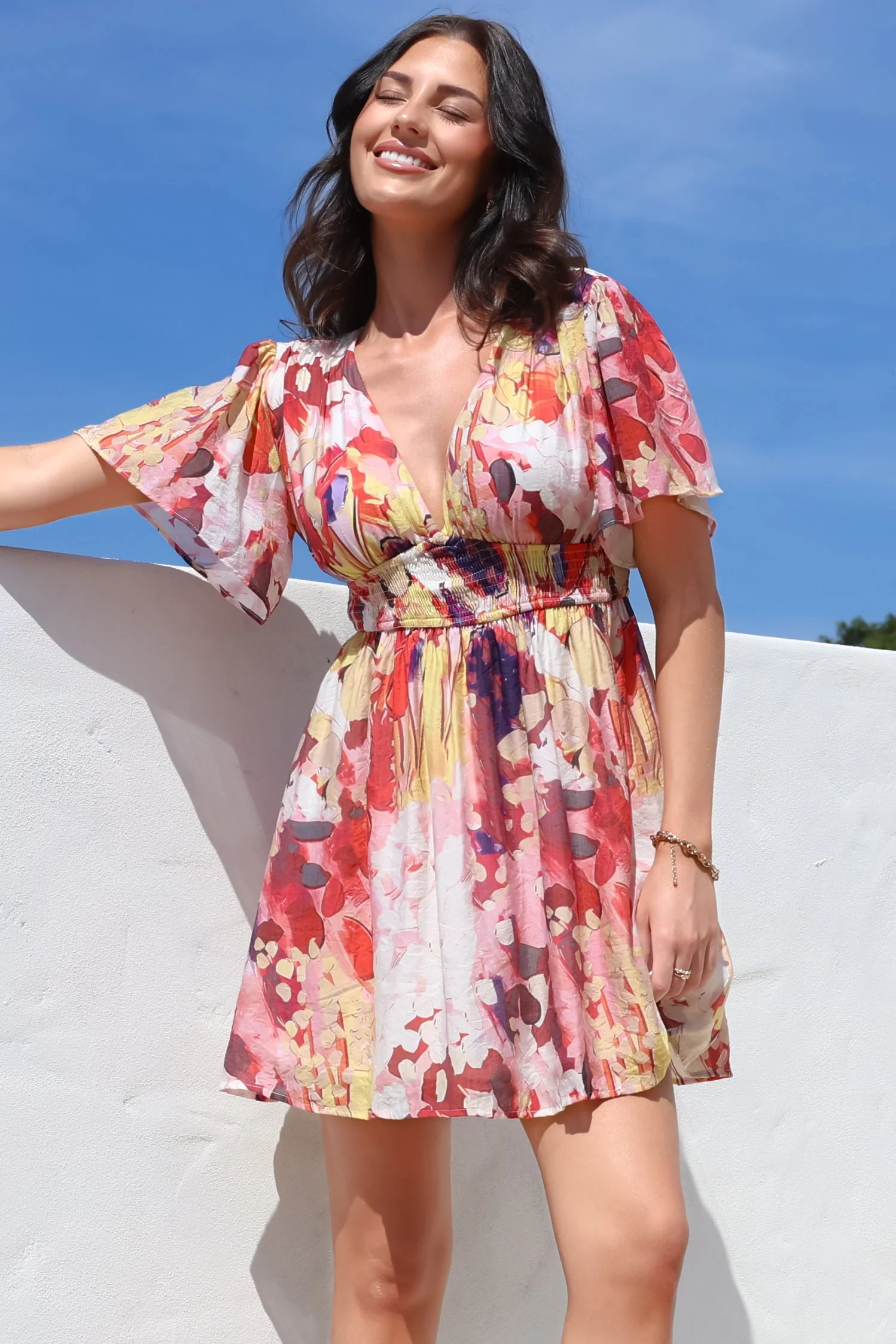Glades Mini Dress - V Neck Shirred Waist A Line Dress in Kamara Print Red - Image 8