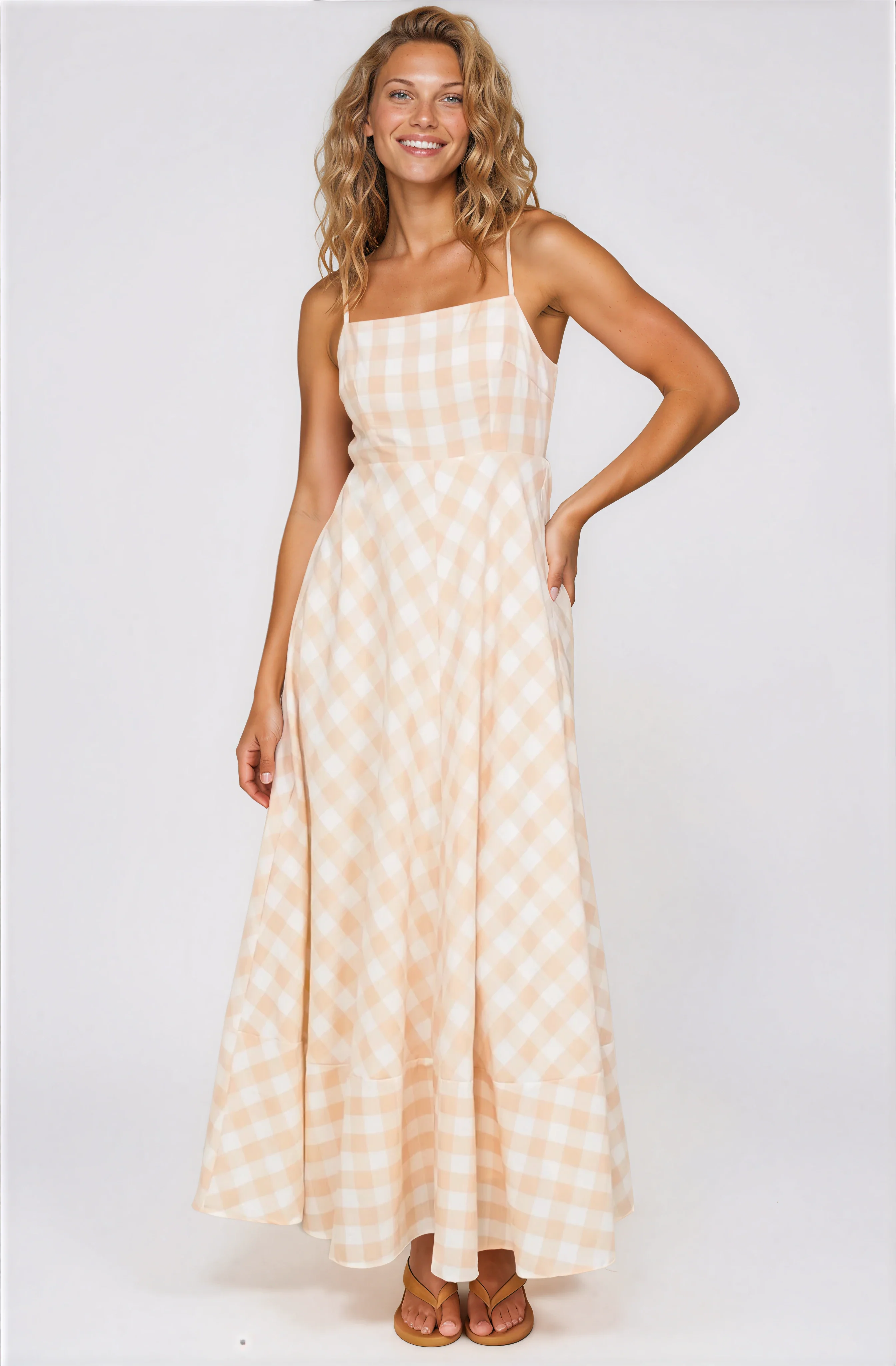 Klara Maxi Dress - Spaghetti Strap A-Line Dress in Gingham Beige - Image 3