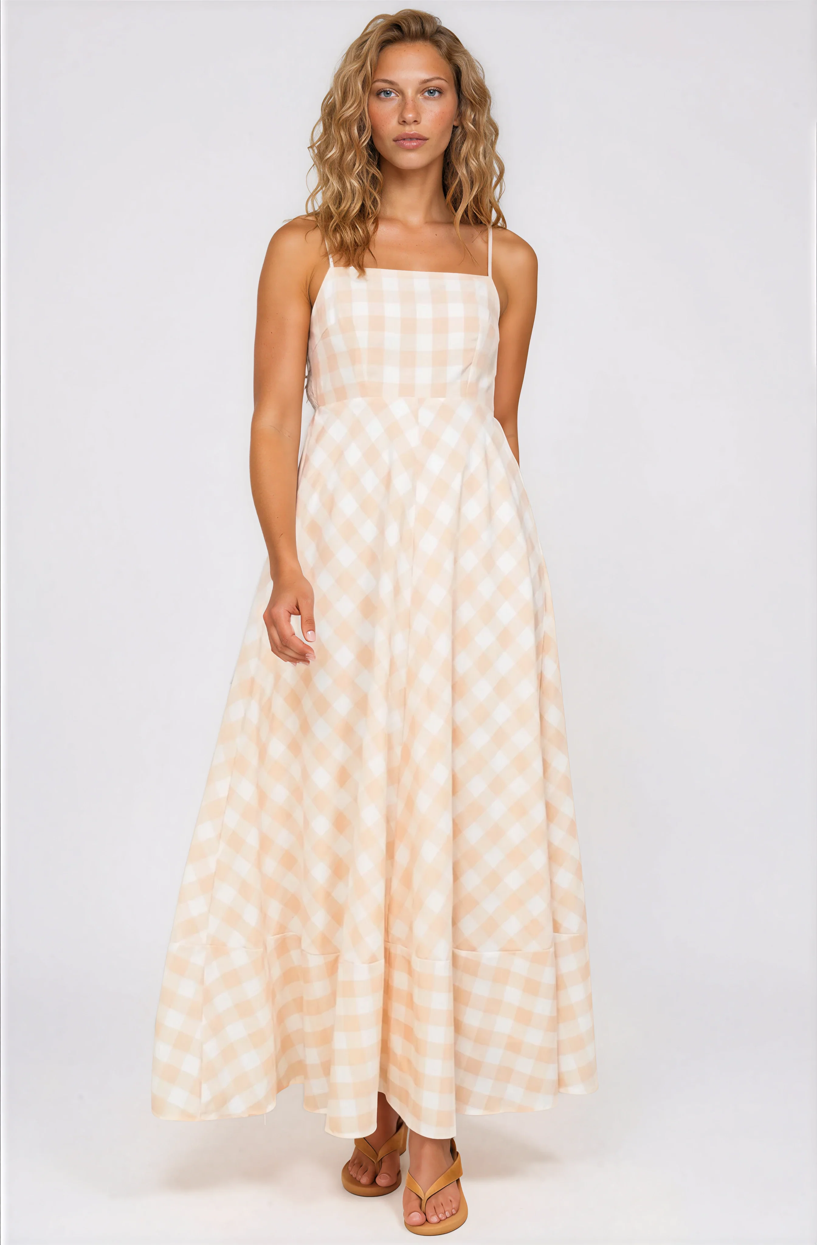 Klara Maxi Dress - Spaghetti Strap A-Line Dress in Gingham Beige - Image 4