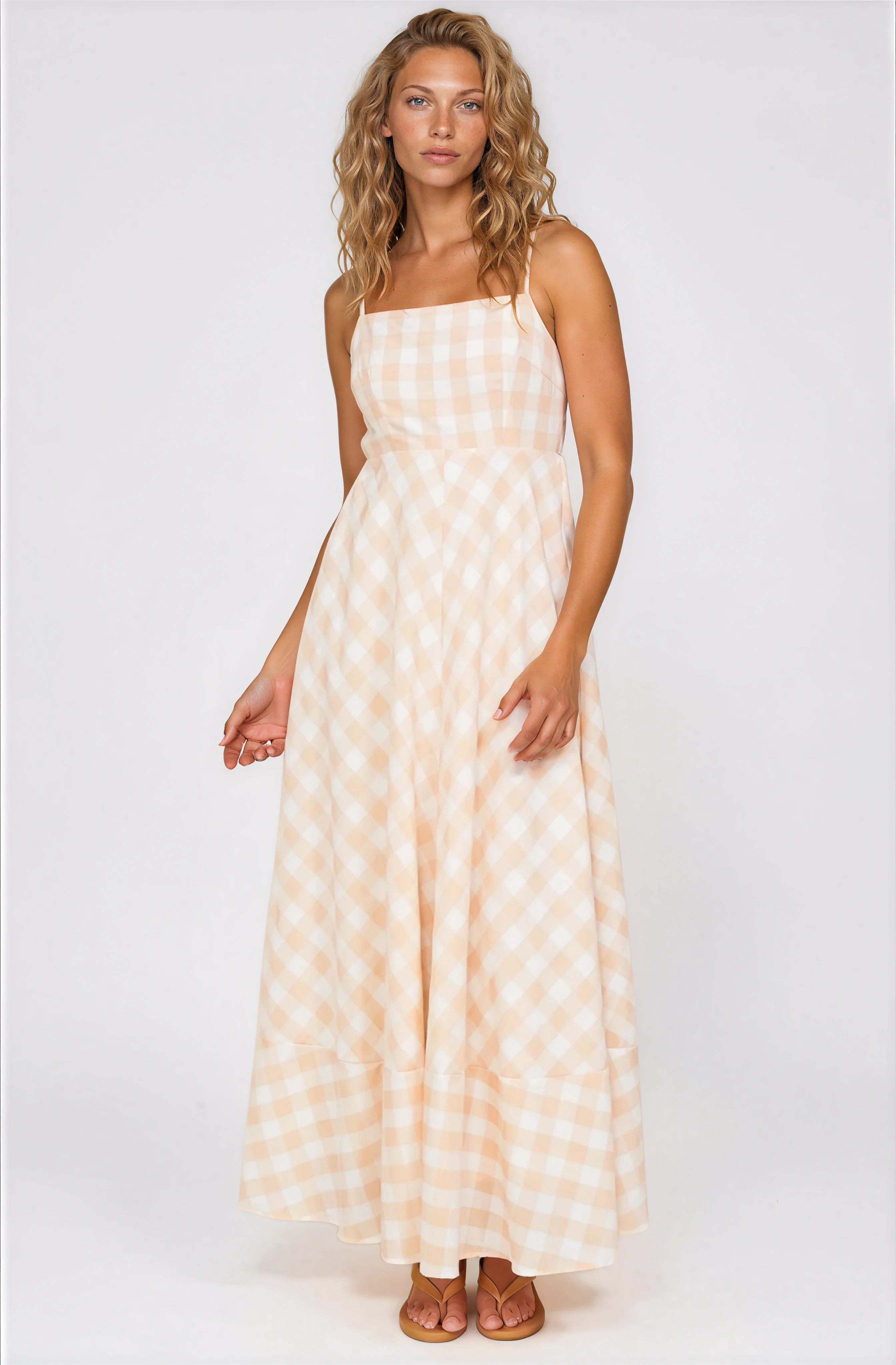 Klara Maxi Dress - Spaghetti Strap A-Line Dress in Gingham Beige - Image 5