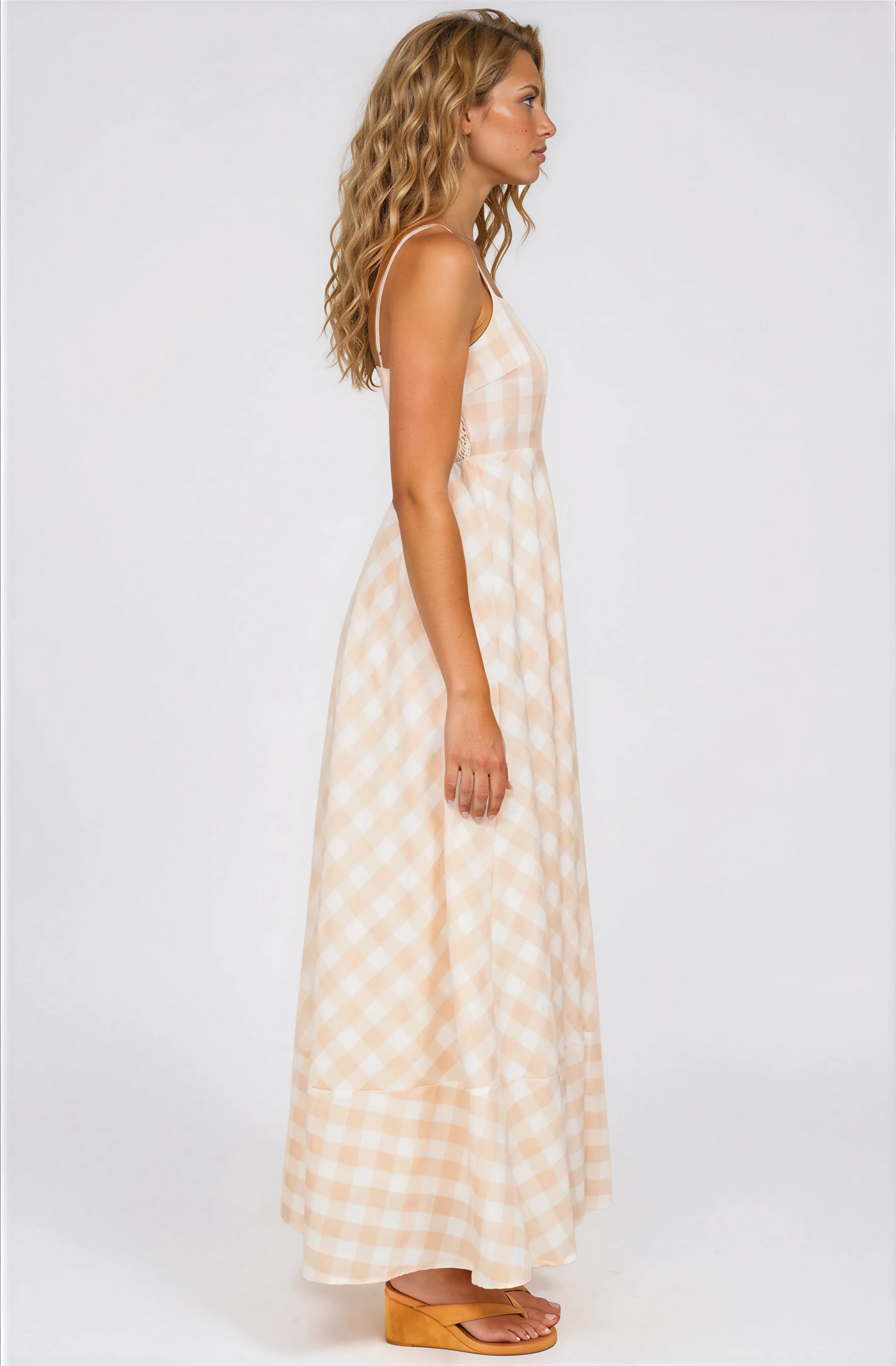 Klara Maxi Dress - Spaghetti Strap A-Line Dress in Gingham Beige - Image 6