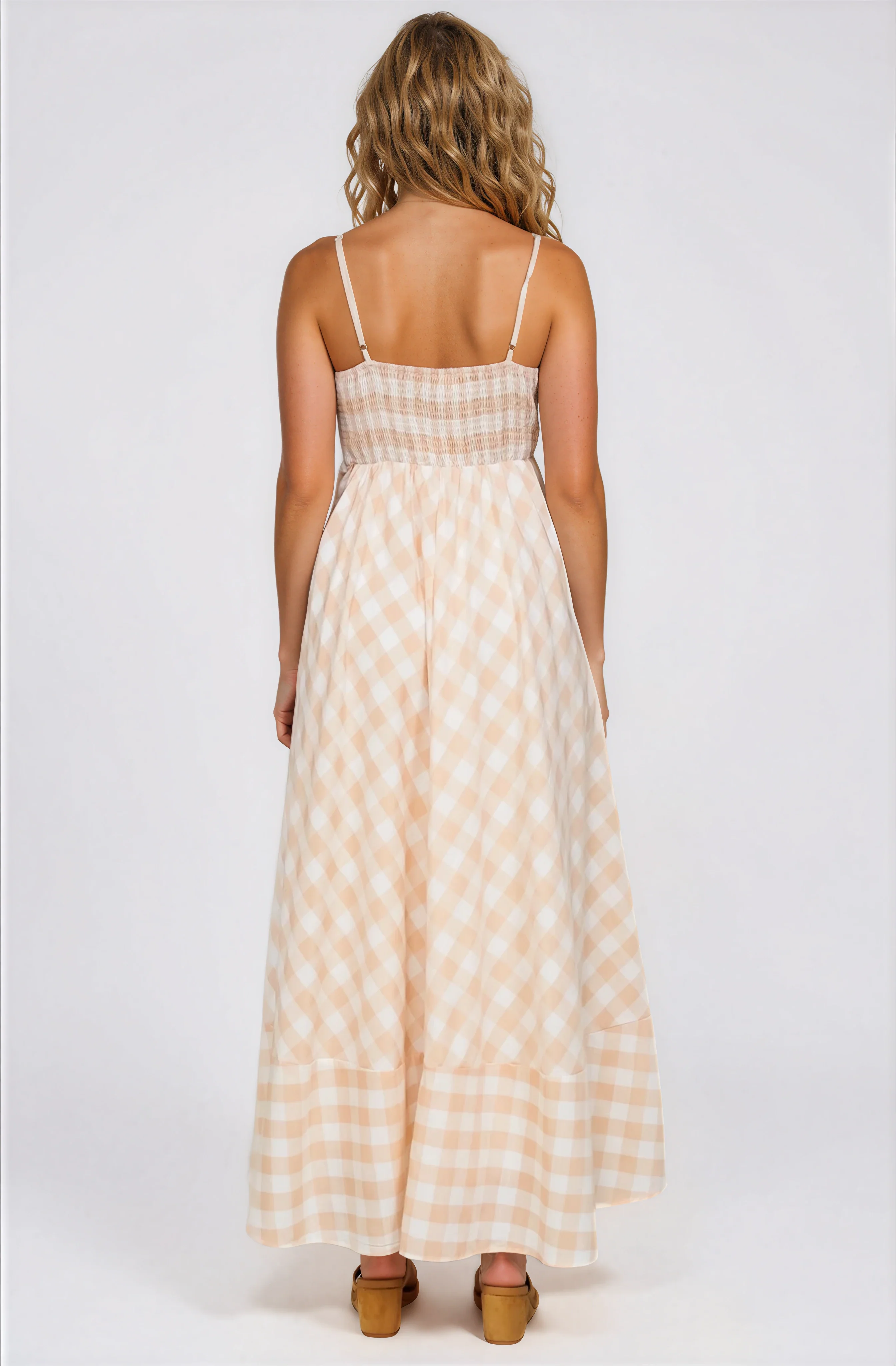 Klara Maxi Dress - Spaghetti Strap A-Line Dress in Gingham Beige - Image 7