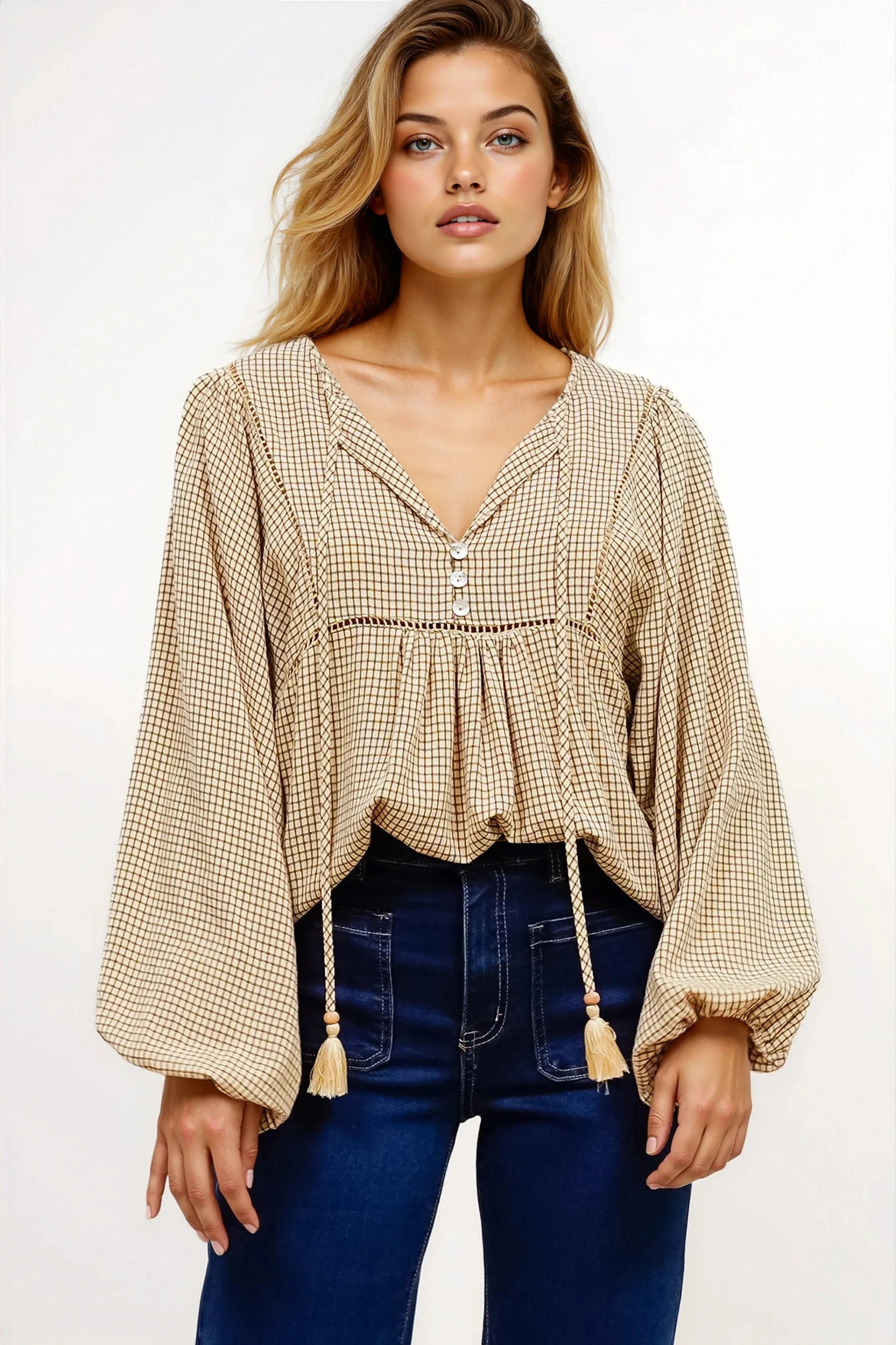 Graya Top - Gingham Ladder Lace Detailed Pull Over with Balloon Sleeves in Echo Print Beige - Image 2