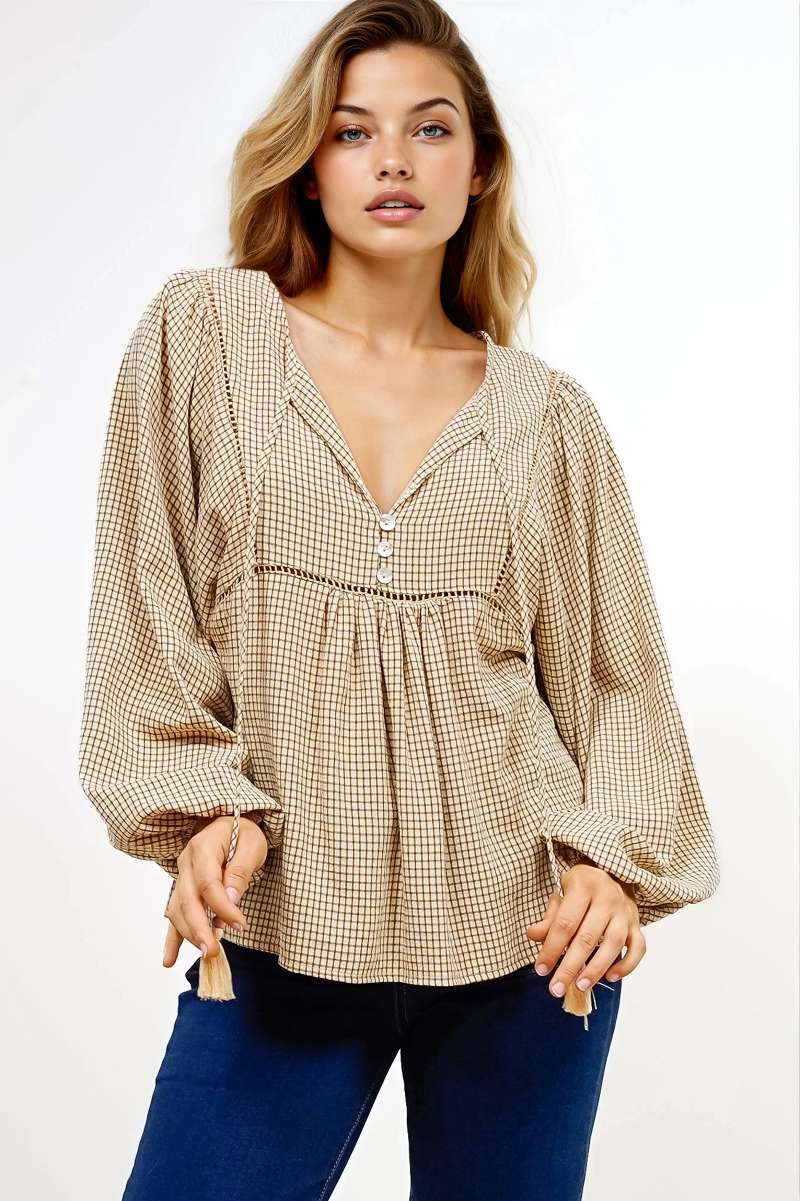Graya Top - Gingham Ladder Lace Detailed Pull Over with Balloon Sleeves in Echo Print Beige - Image 3