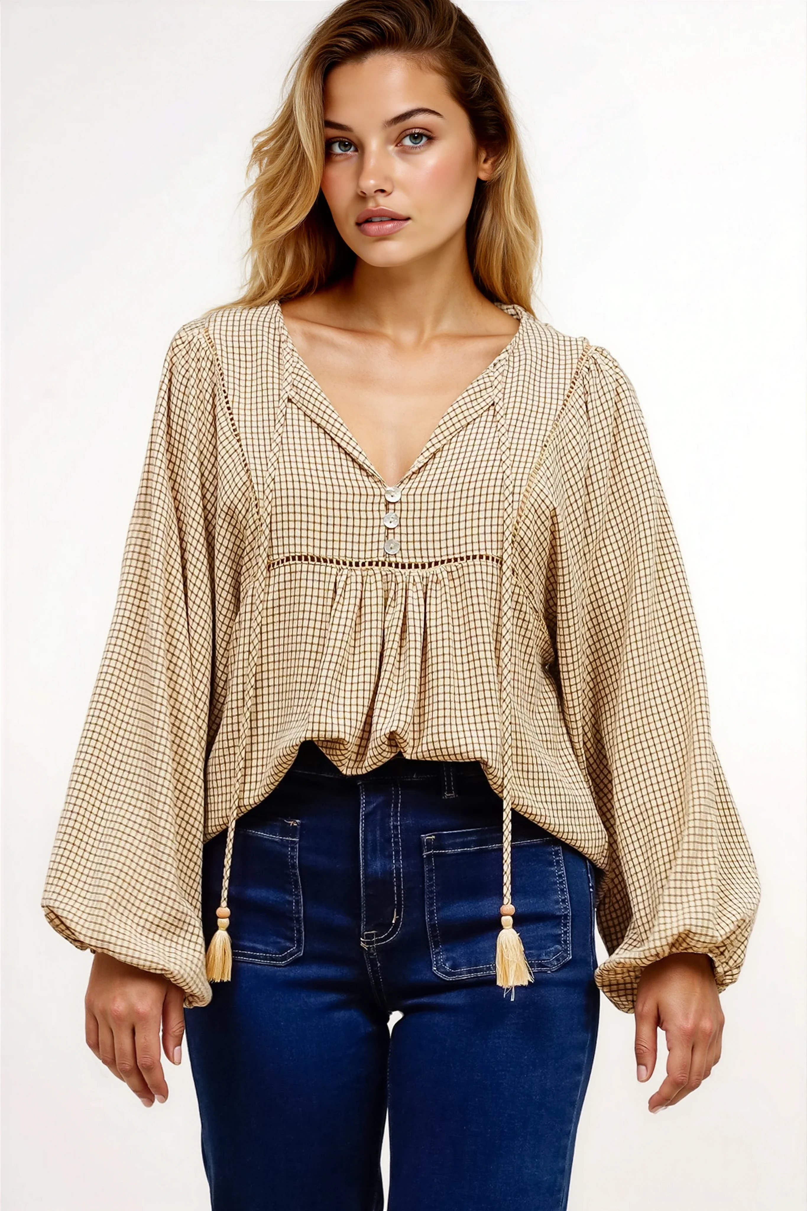 Graya Top - Gingham Ladder Lace Detailed Pull Over with Balloon Sleeves in Echo Print Beige - Image 4