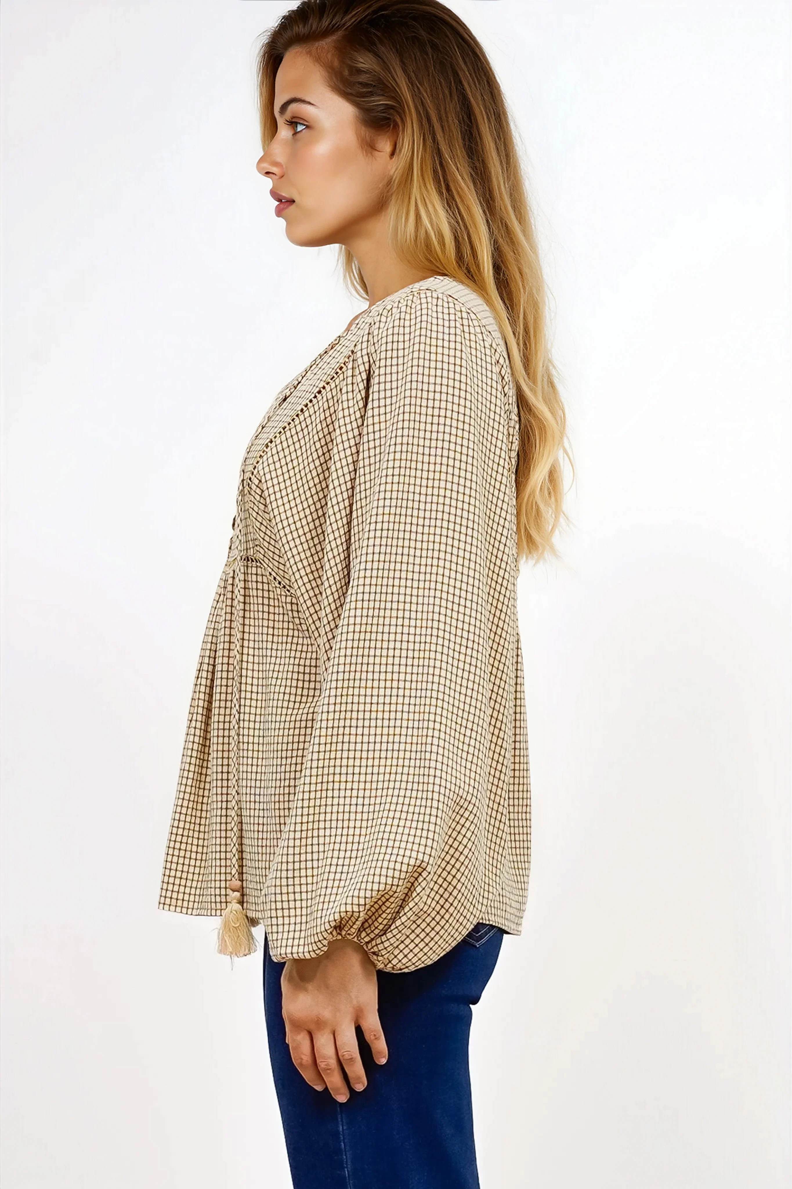 Graya Top - Gingham Ladder Lace Detailed Pull Over with Balloon Sleeves in Echo Print Beige - Image 5