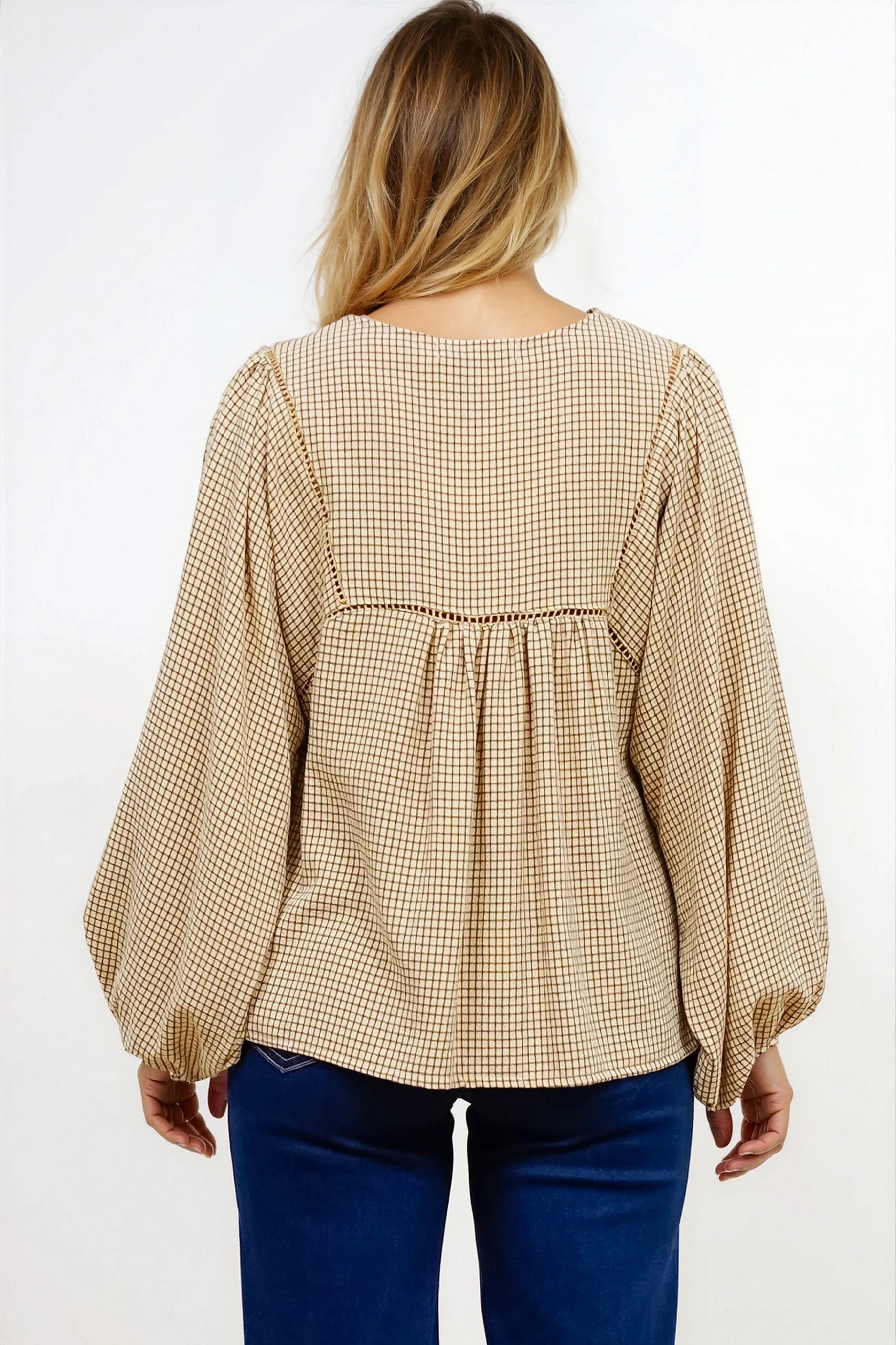 Graya Top - Gingham Ladder Lace Detailed Pull Over with Balloon Sleeves in Echo Print Beige - Image 6