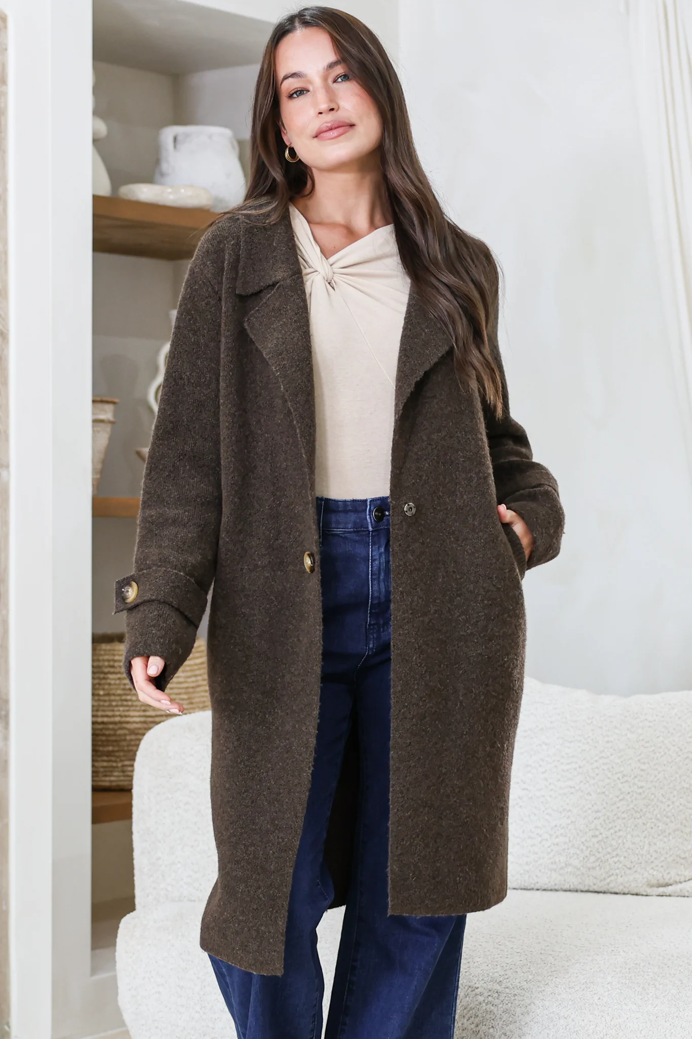 Griffin Cardigan - Collared Button Closure Coatigan with Pockets in Chocolate - Image 2