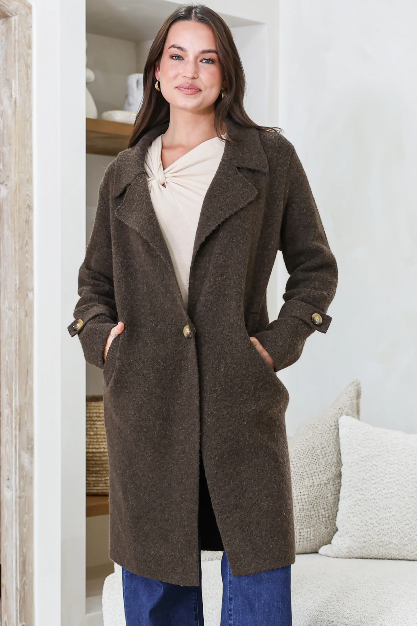 Griffin Cardigan - Collared Button Closure Coatigan with Pockets in Chocolate - Image 3