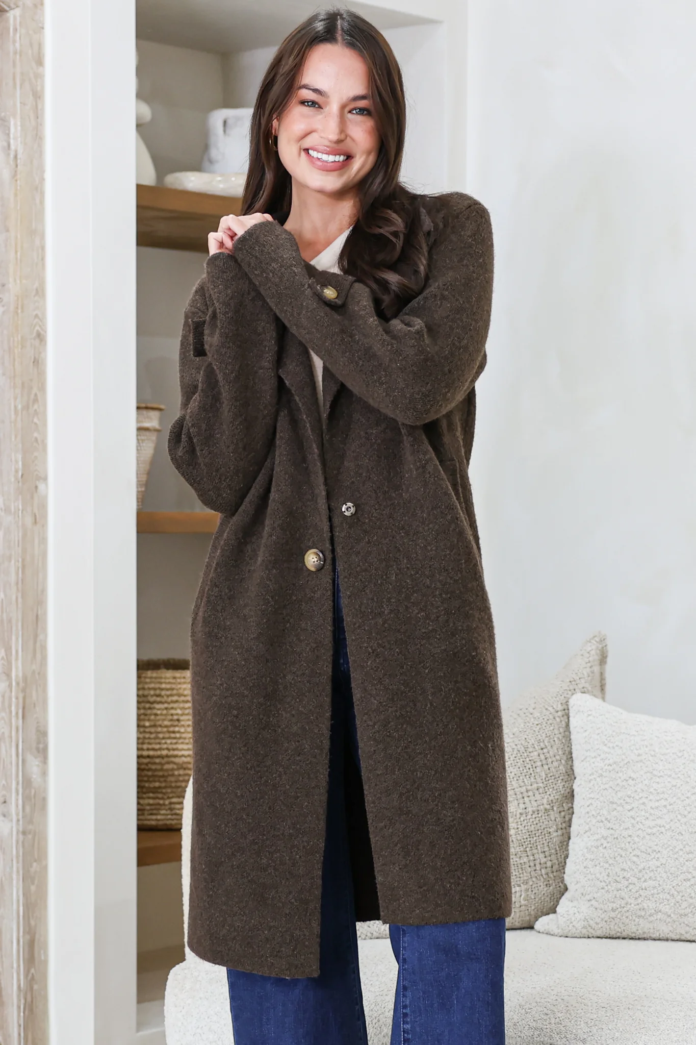 Griffin Cardigan - Collared Button Closure Coatigan with Pockets in Chocolate - Image 4