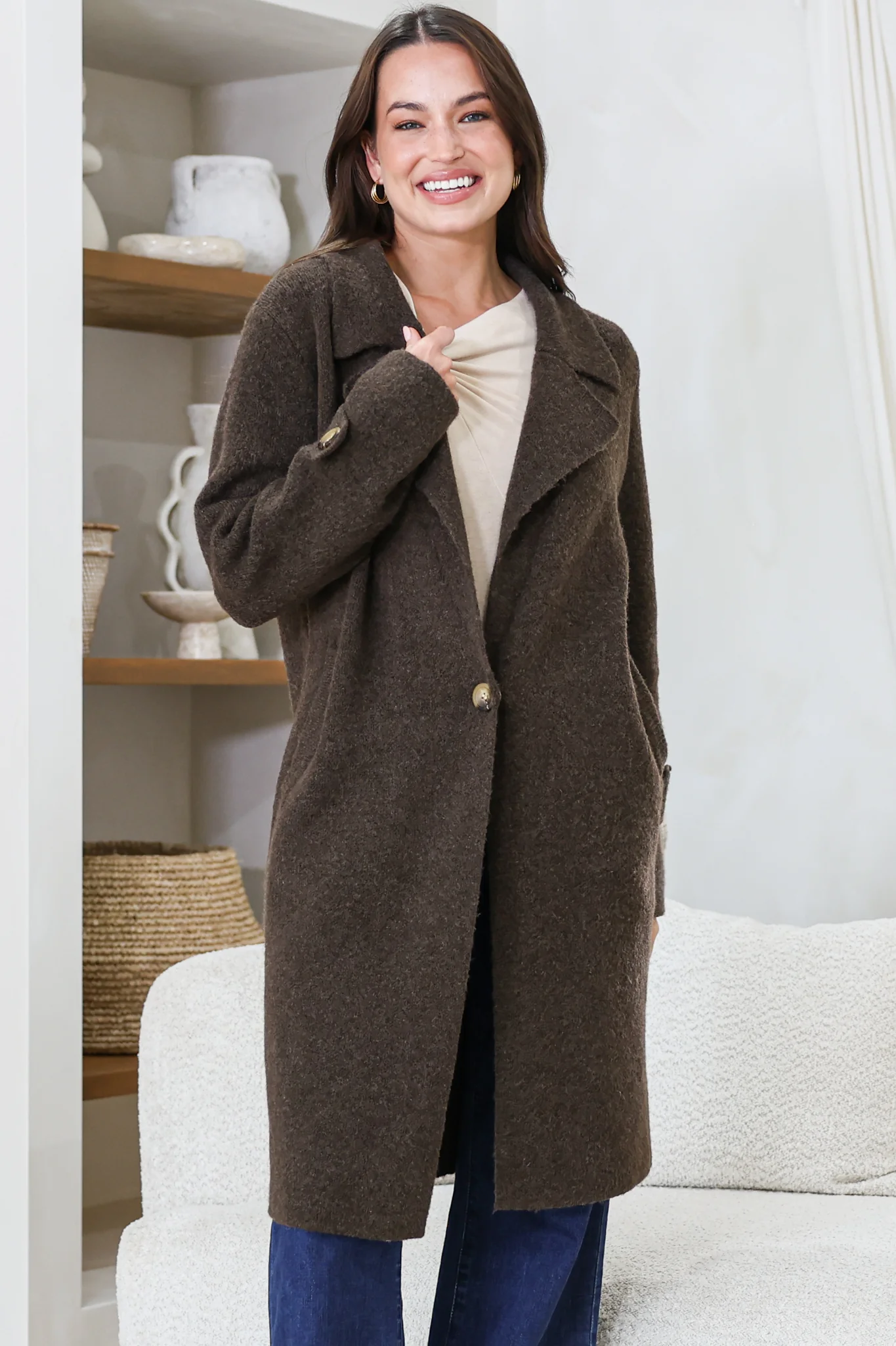 Griffin Cardigan - Collared Button Closure Coatigan with Pockets in Chocolate - Image 5