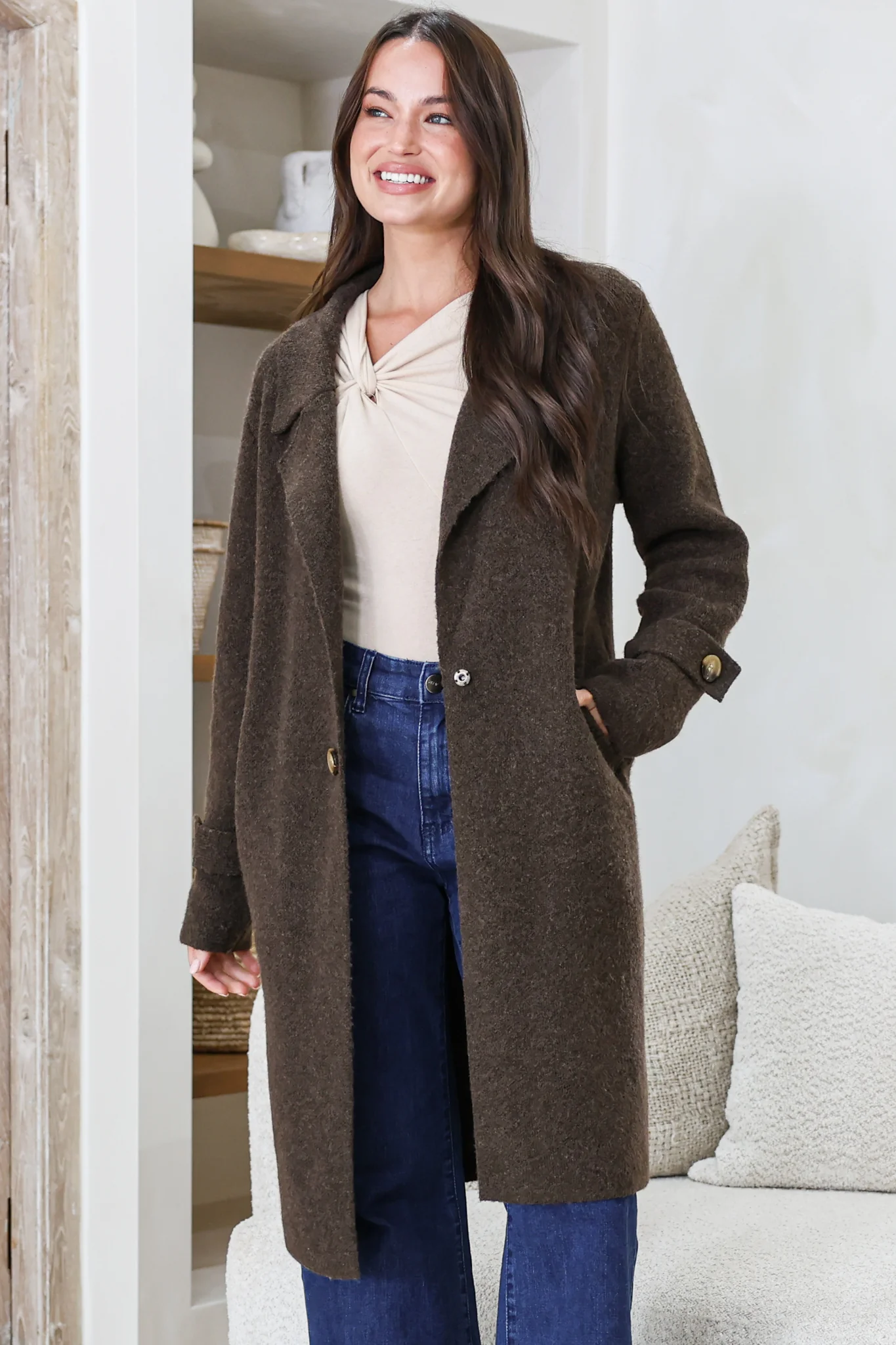 Griffin Cardigan - Collared Button Closure Coatigan with Pockets in Chocolate - Image 6