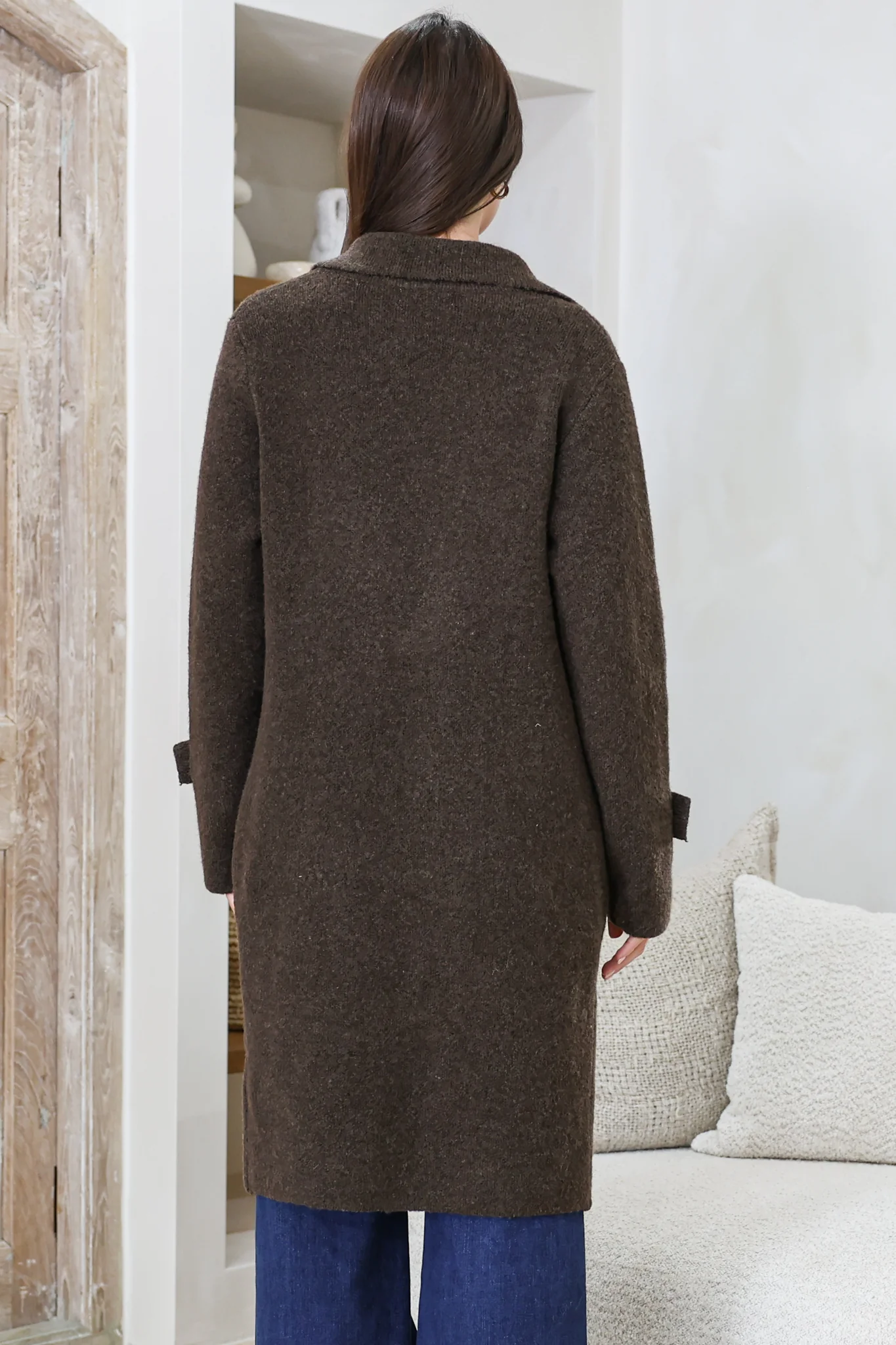 Griffin Cardigan - Collared Button Closure Coatigan with Pockets in Chocolate - Image 8