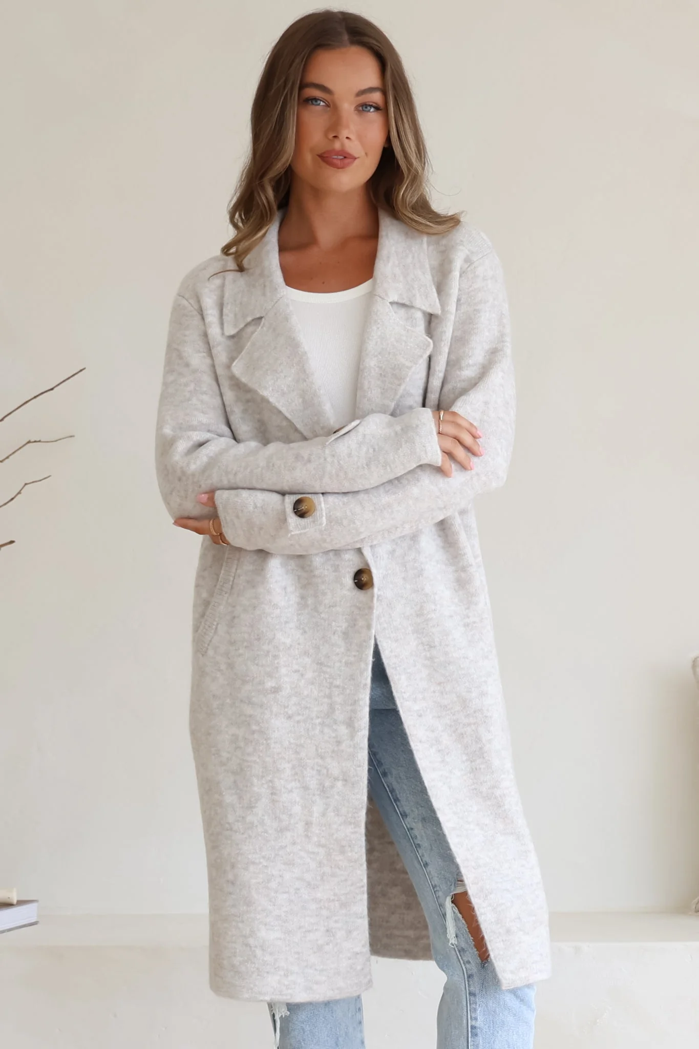 Griffin Cardigan - Collared Button Closure Coatigan with Pockets in Grey - Image 2