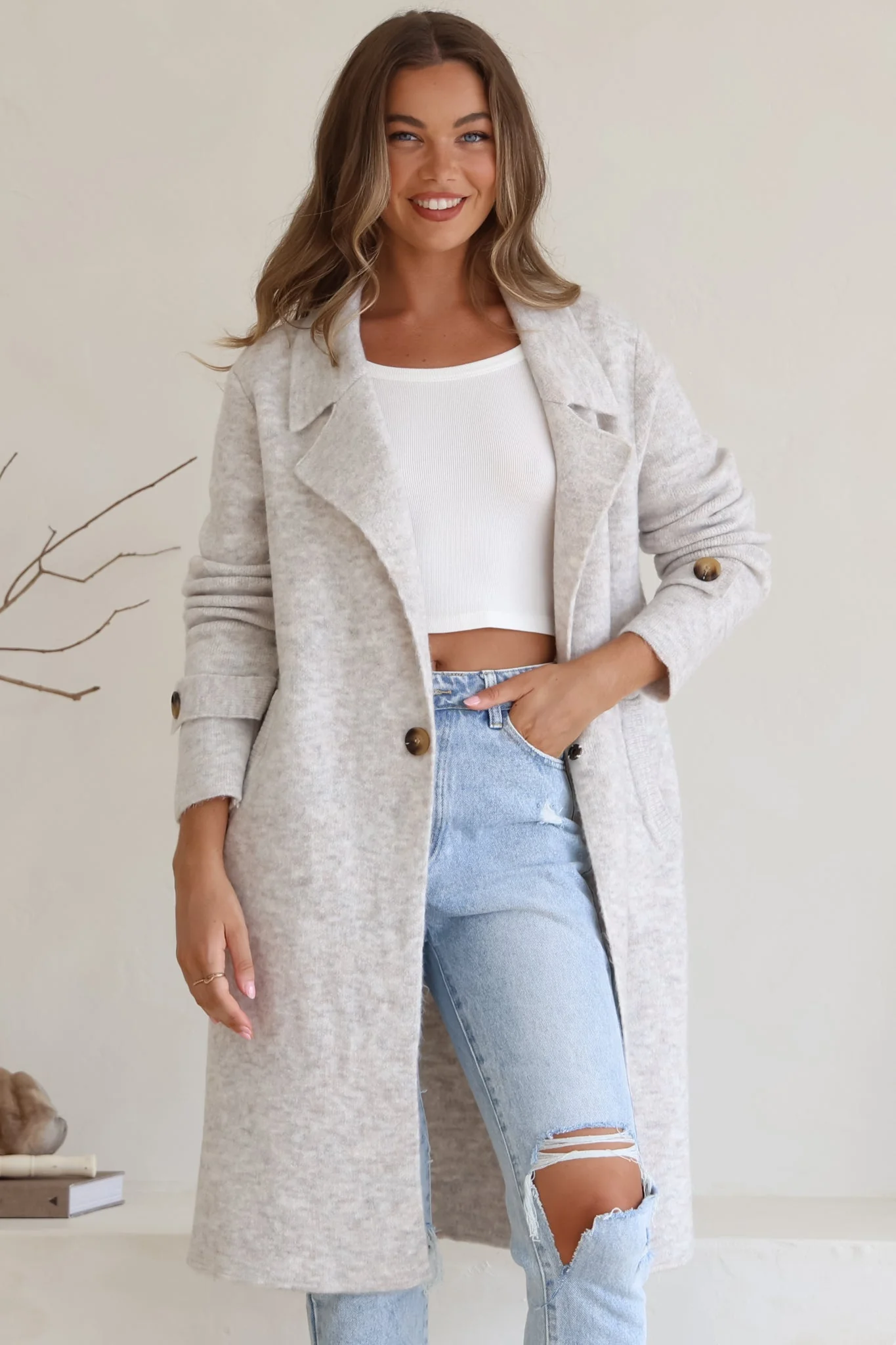 Griffin Cardigan - Collared Button Closure Coatigan with Pockets in Grey - Image 3