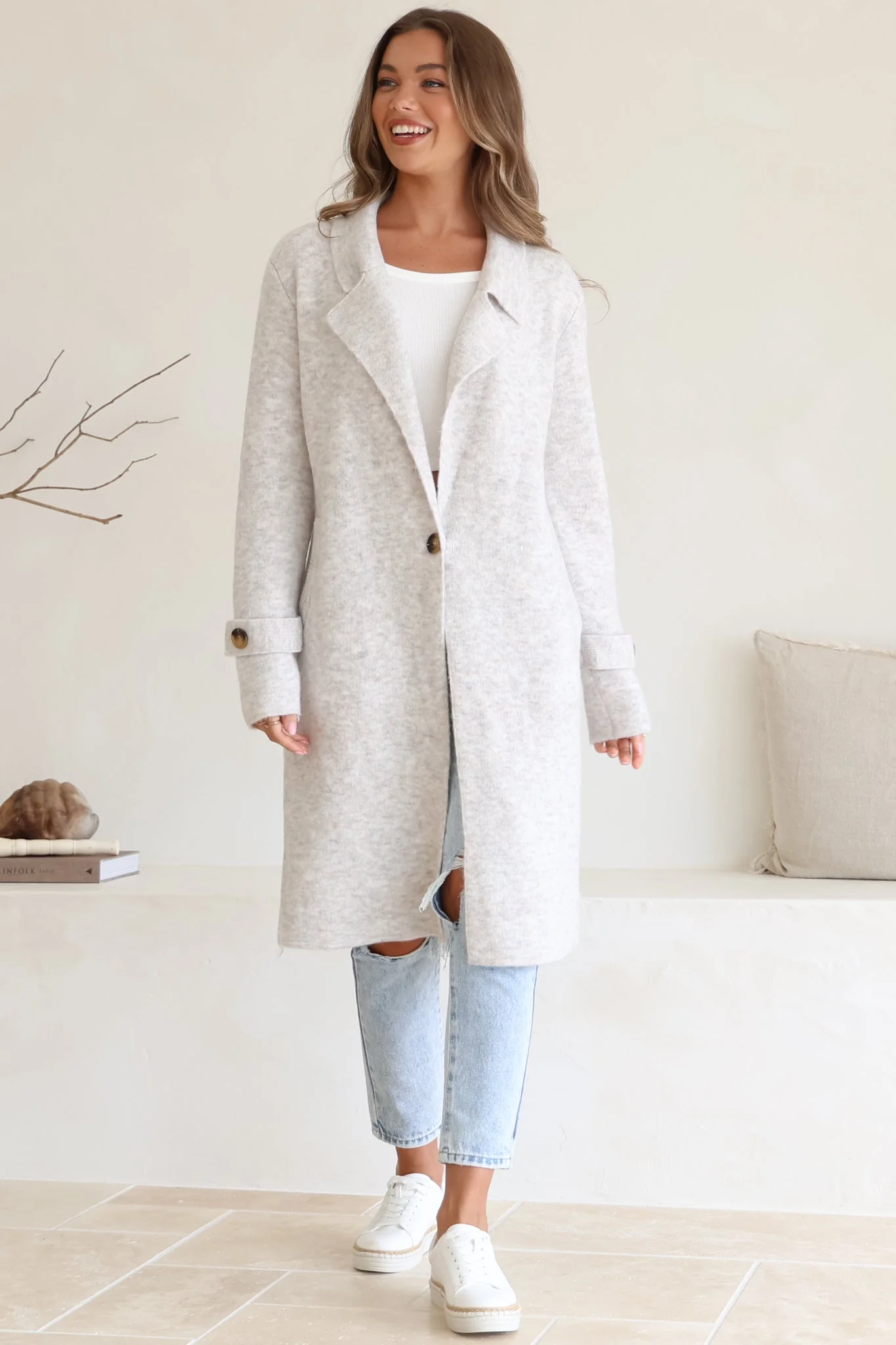 Griffin Cardigan - Collared Button Closure Coatigan with Pockets in Grey - Image 4