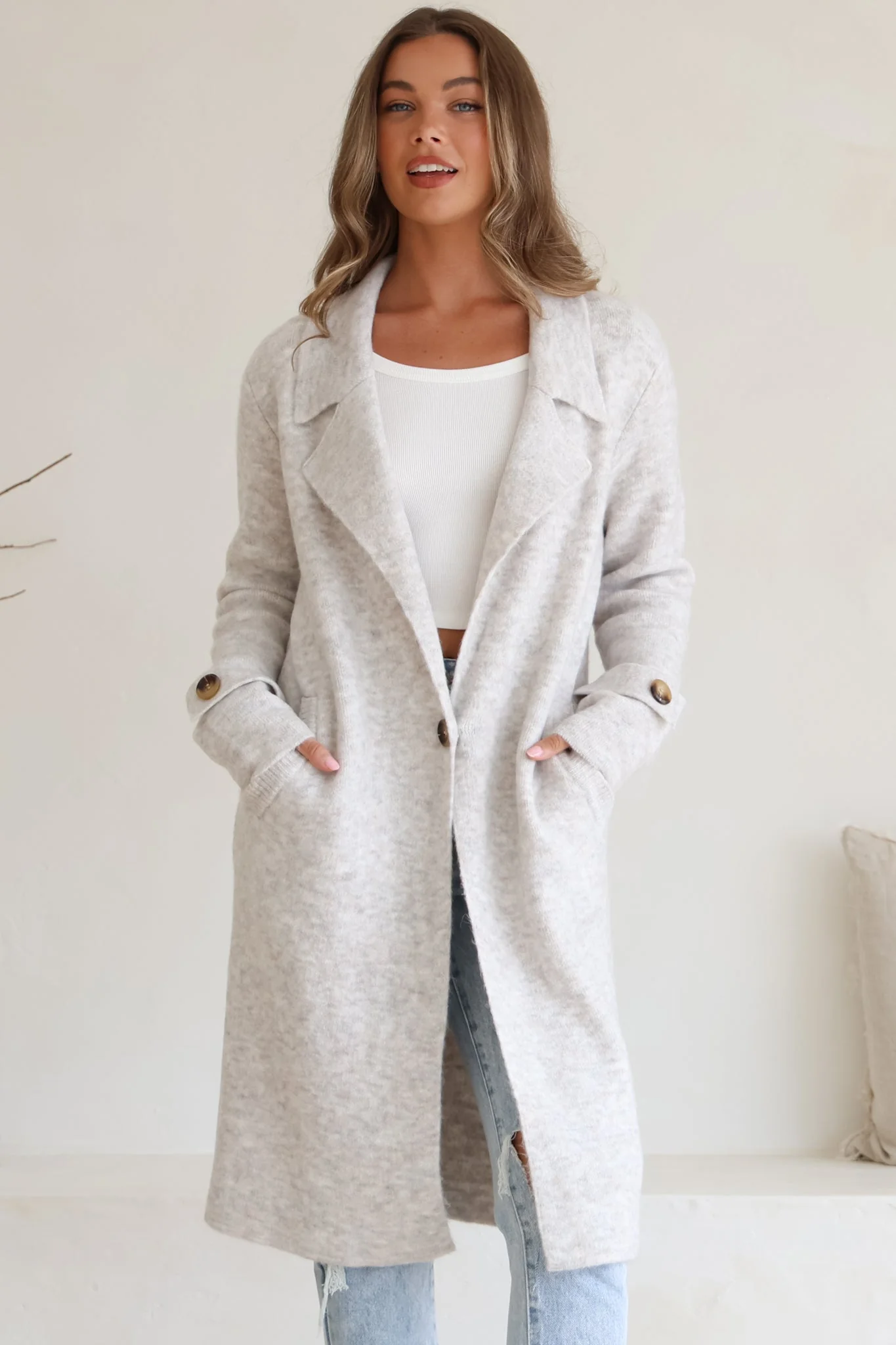 Griffin Cardigan - Collared Button Closure Coatigan with Pockets in Grey - Image 5