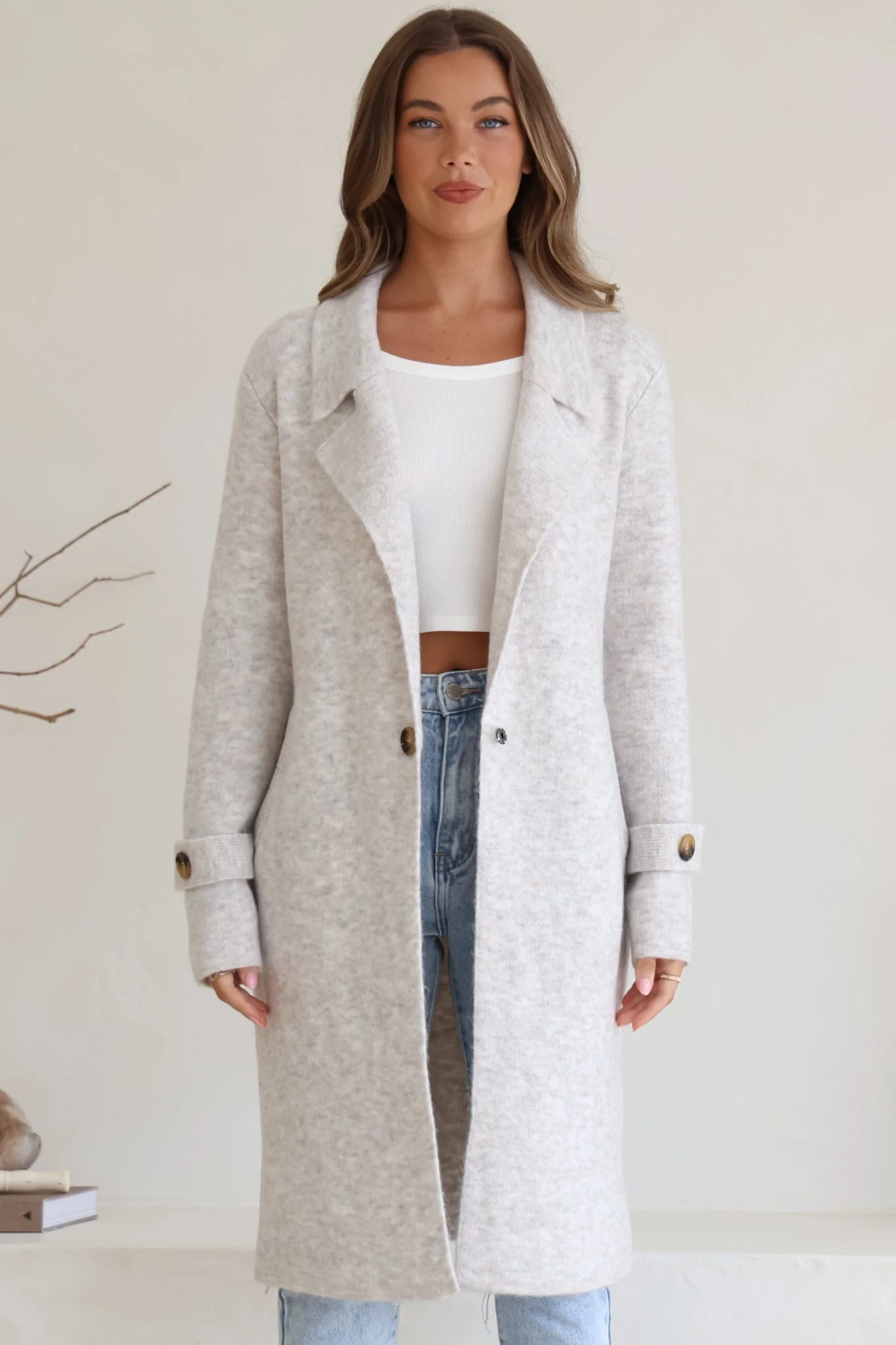 Griffin Cardigan - Collared Button Closure Coatigan with Pockets in Grey - Image 6