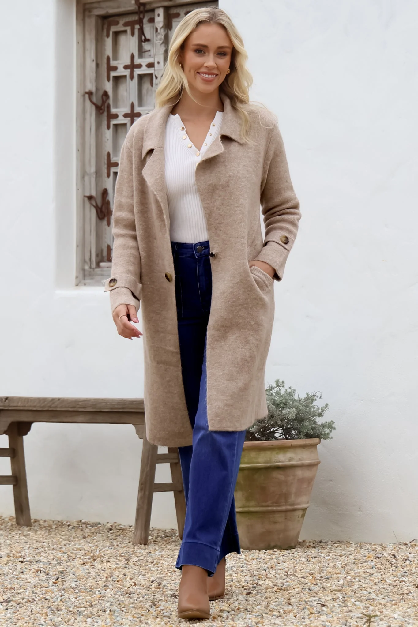 Griffin Cardigan - Collared Button Closure Coatigan with Pockets in Taupe - Image 2
