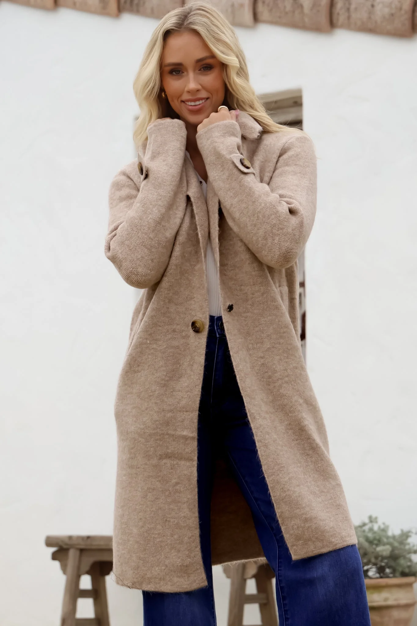 Griffin Cardigan - Collared Button Closure Coatigan with Pockets in Taupe - Image 3