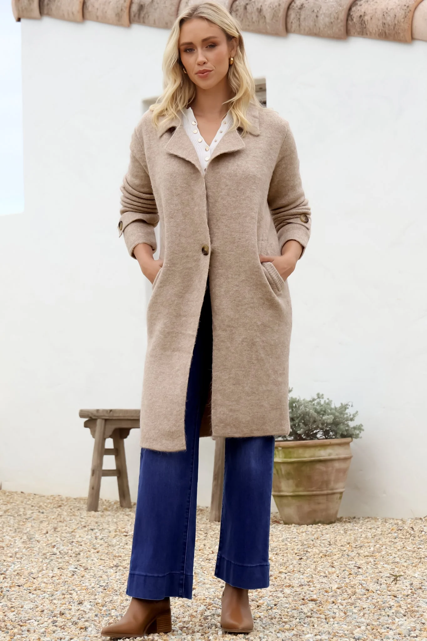 Griffin Cardigan - Collared Button Closure Coatigan with Pockets in Taupe - Image 4