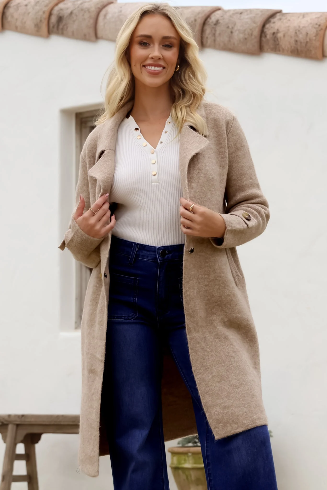 Griffin Cardigan - Collared Button Closure Coatigan with Pockets in Taupe - Image 5