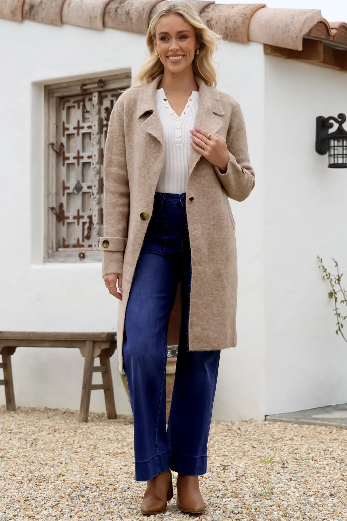 Griffin Cardigan - Collared Button Closure Coatigan with Pockets in Taupe - Image 6