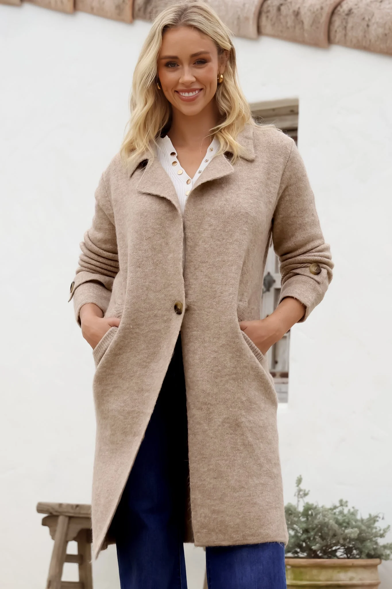 Griffin Cardigan - Collared Button Closure Coatigan with Pockets in Taupe - Image 7