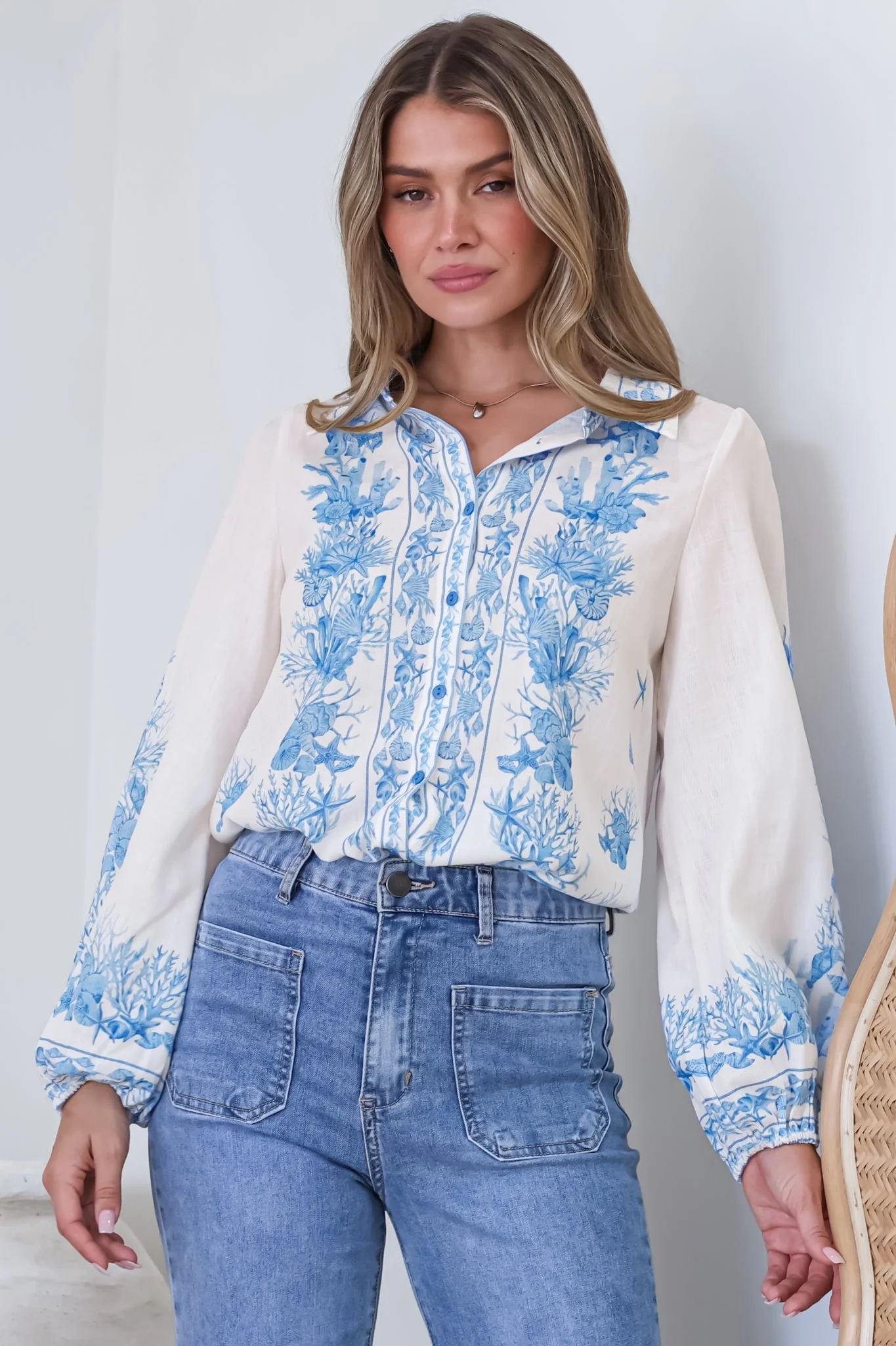 Hailie Shirt - Wing Collar Button Down with Long Balloon Sleeves in Sweeney Print Blue