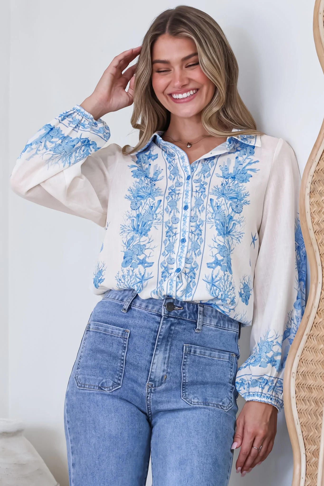 Hailie Shirt - Wing Collar Button Down with Long Balloon Sleeves in Sweeney Print Blue - Image 2