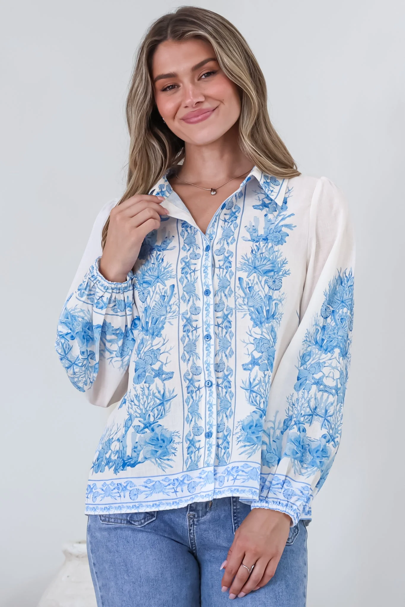 Hailie Shirt - Wing Collar Button Down with Long Balloon Sleeves in Sweeney Print Blue - Image 3