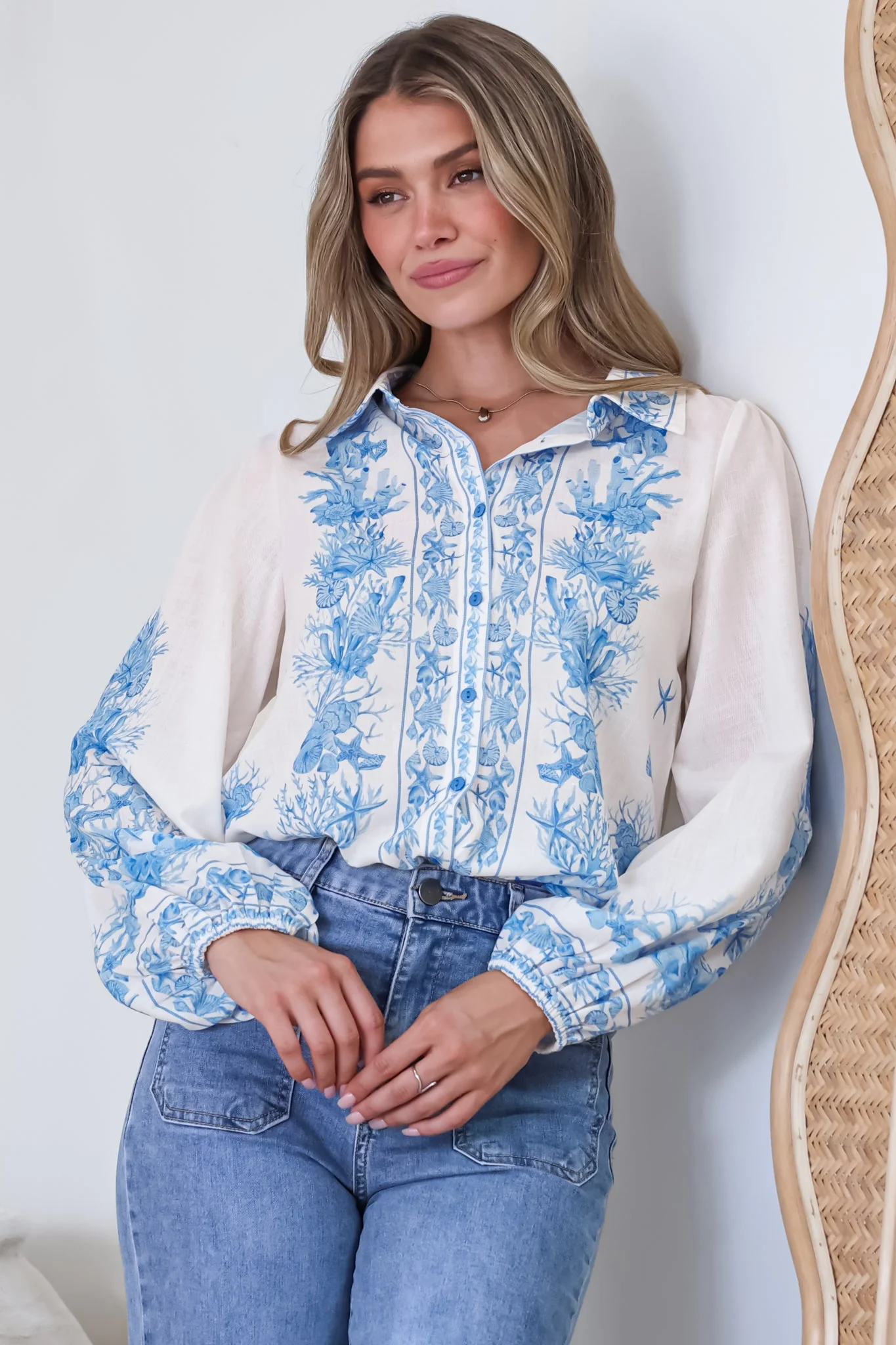Hailie Shirt - Wing Collar Button Down with Long Balloon Sleeves in Sweeney Print Blue - Image 4