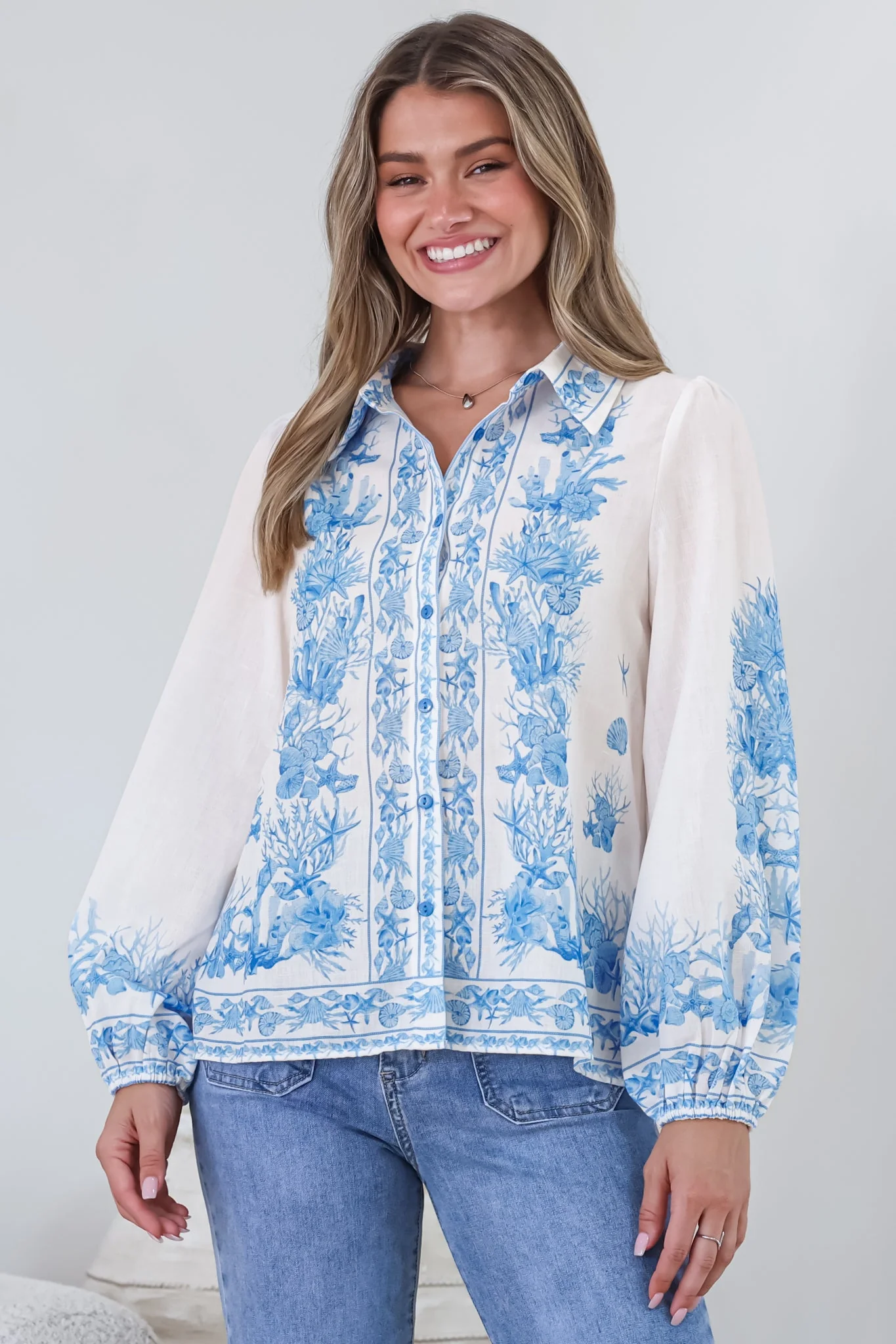 Hailie Shirt - Wing Collar Button Down with Long Balloon Sleeves in Sweeney Print Blue - Image 5