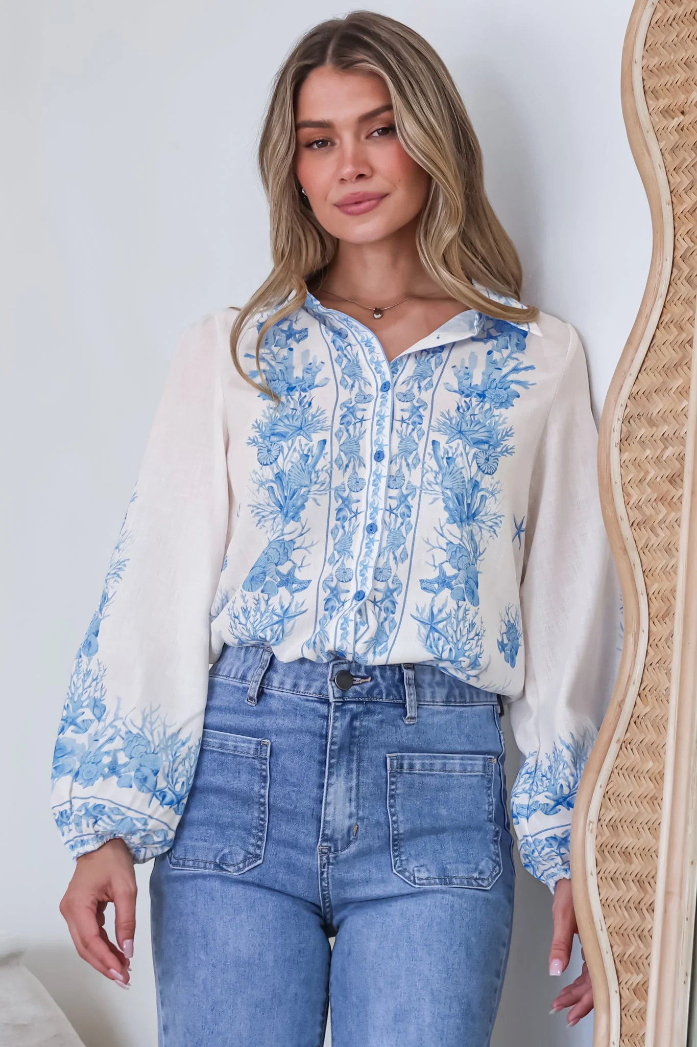 Hailie Shirt - Wing Collar Button Down with Long Balloon Sleeves in Sweeney Print Blue - Image 6