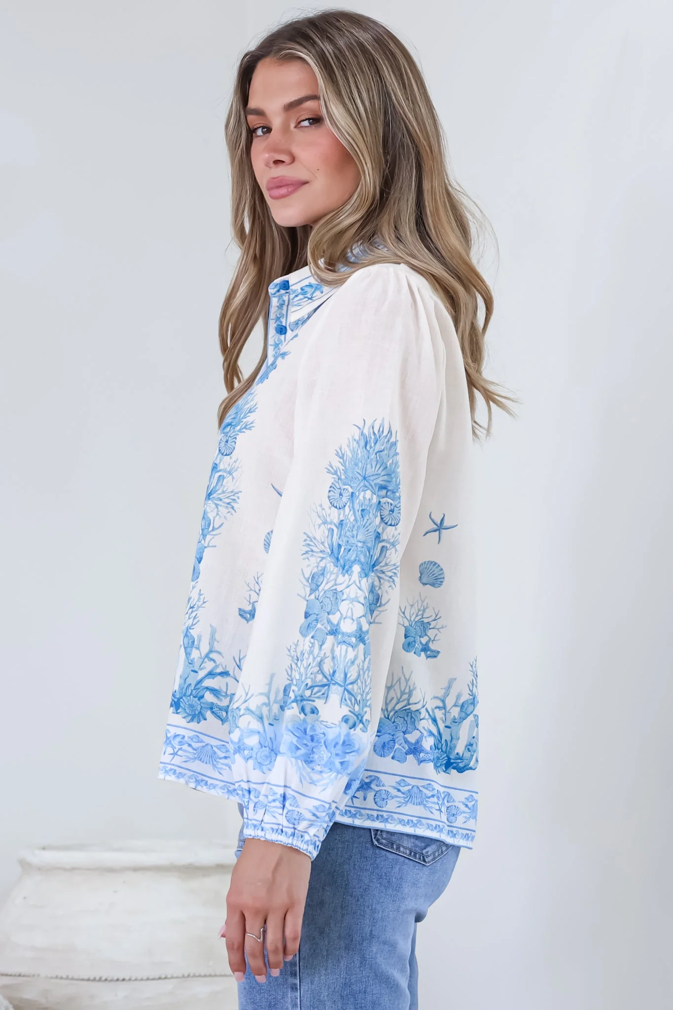 Hailie Shirt - Wing Collar Button Down with Long Balloon Sleeves in Sweeney Print Blue - Image 7