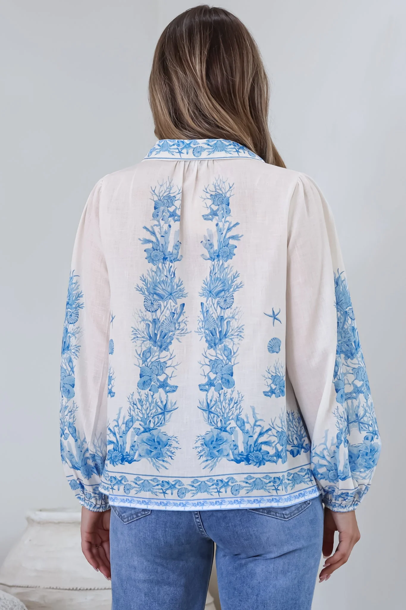 Hailie Shirt - Wing Collar Button Down with Long Balloon Sleeves in Sweeney Print Blue - Image 8