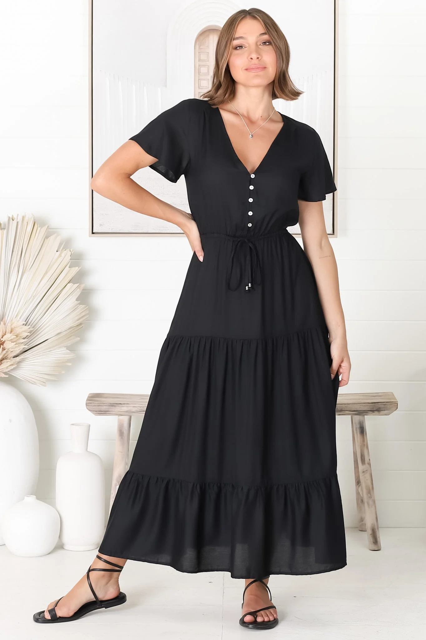Hanna Maxi Dress - Cap Sleeve Tiered A Line Dress with Toggle Detailed Waist Tie in Black - Image 4