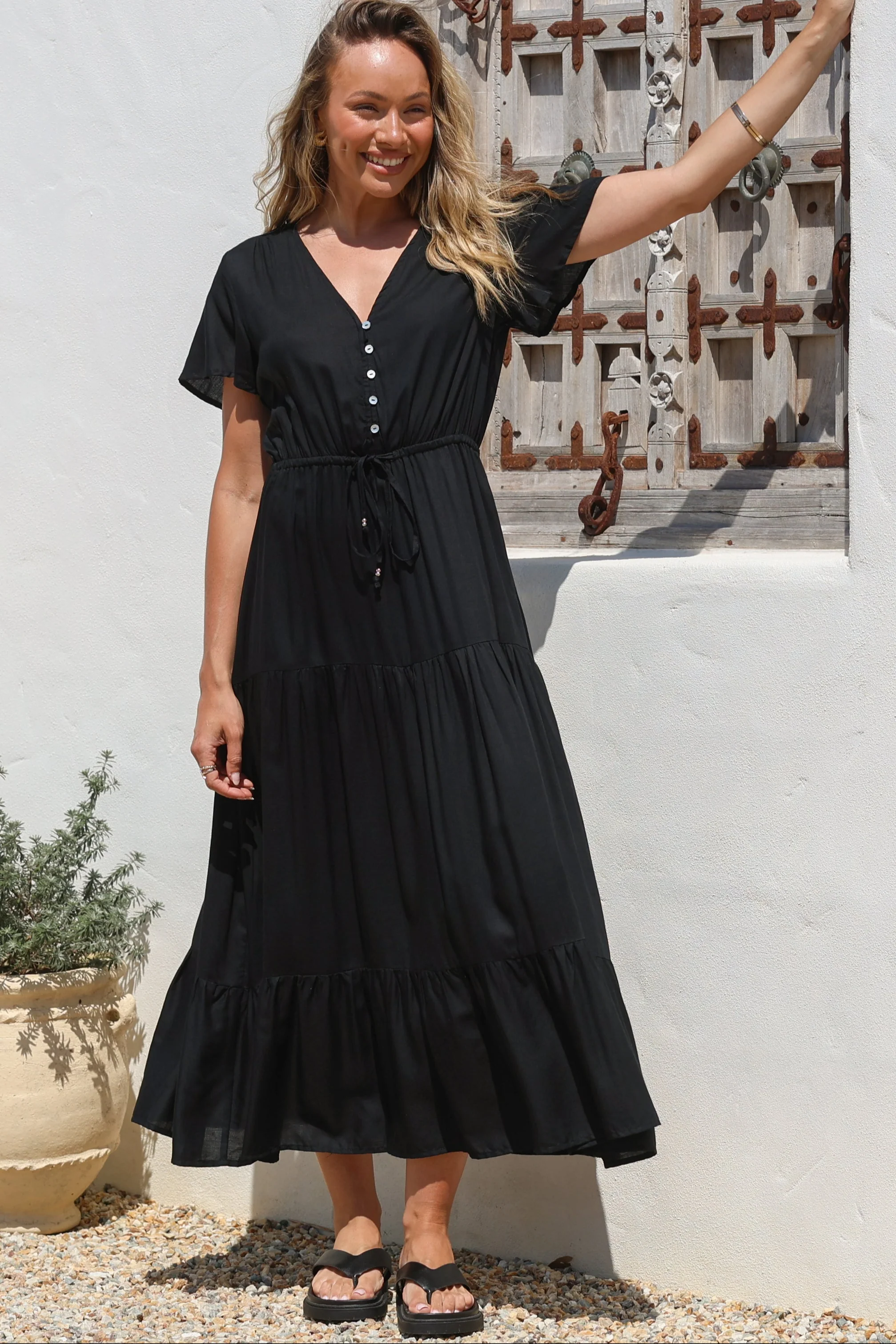 Hanna Maxi Dress - Cap Sleeve Tiered A Line Dress with Toggle Detailed Waist Tie in Black - Image 5