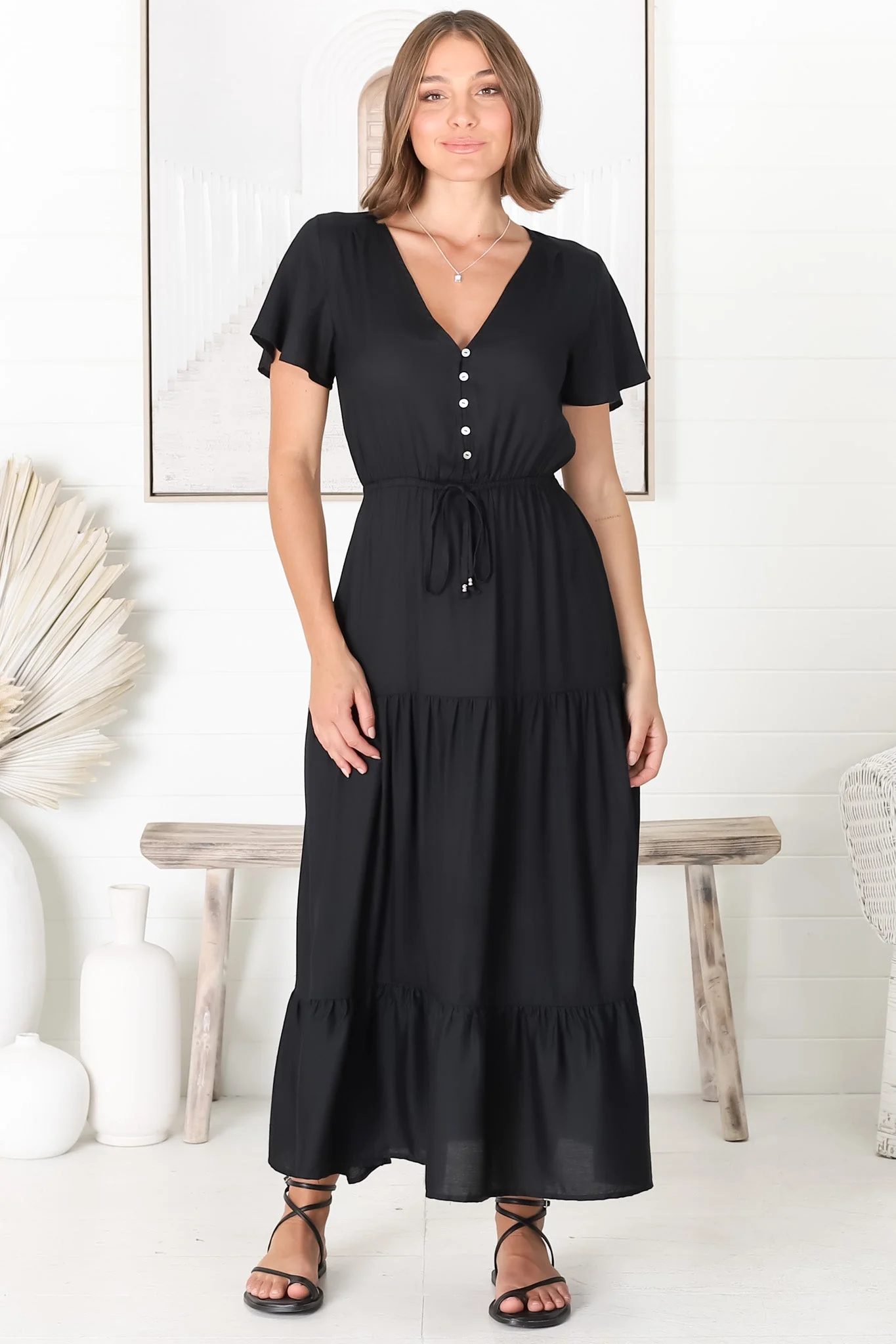 Hanna Maxi Dress - Cap Sleeve Tiered A Line Dress with Toggle Detailed Waist Tie in Black - Image 7