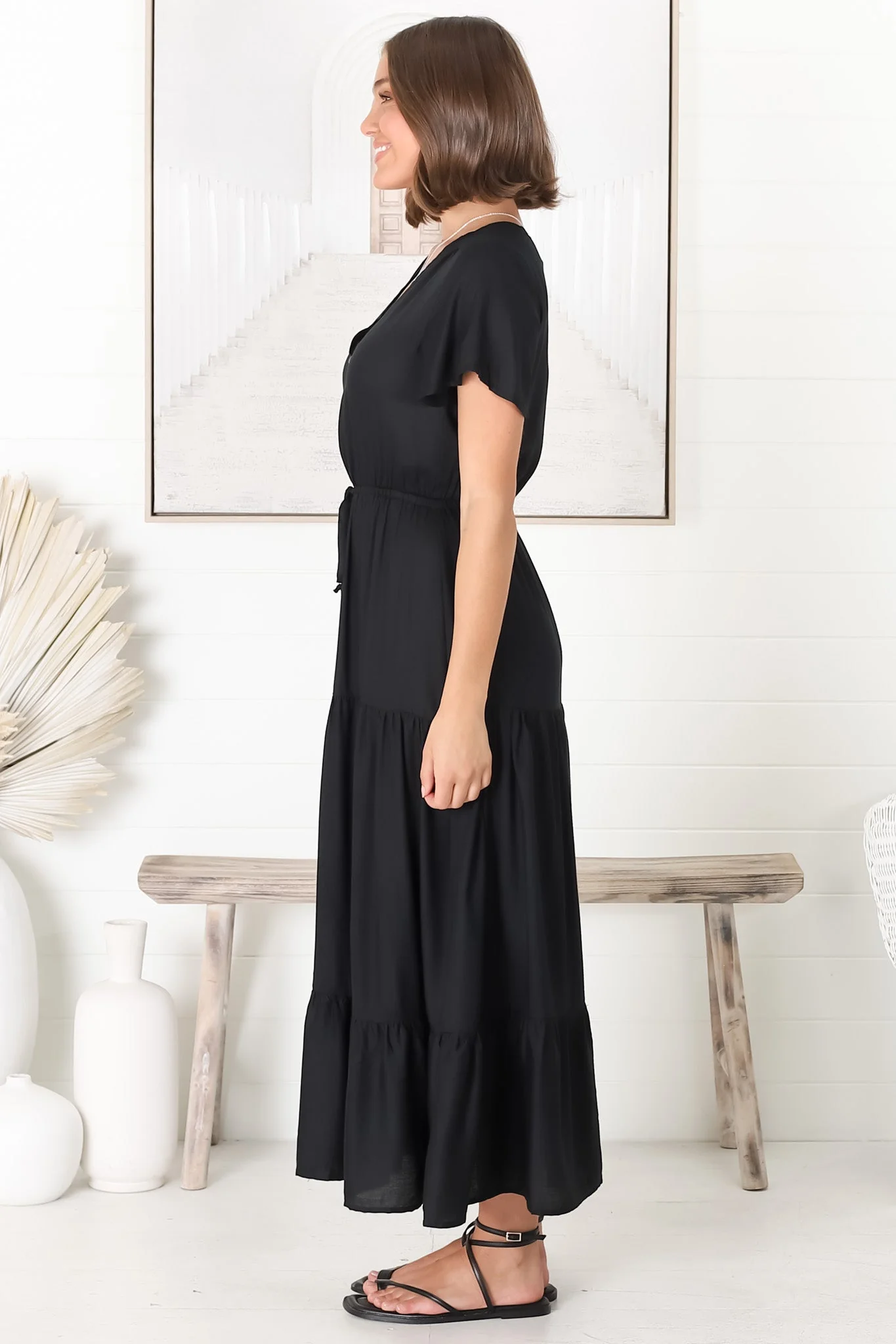 Hanna Maxi Dress - Cap Sleeve Tiered A Line Dress with Toggle Detailed Waist Tie in Black - Image 8